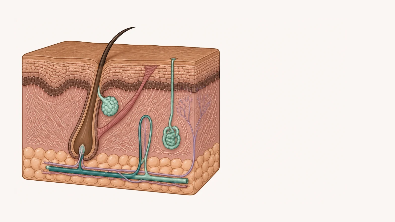 Cross-section of healthy skin. The epidermis sits on top as stacked cells with a darker pigmented layer at its base, over the dermis and a layer of fat. A hair follicle runs from the surface down to its bulb in the fat, with a sebaceous gland attached to it and a small arrector pili muscle reaching up to the epidermis. A separate coiled sweat gland sends its duct up to its own pore on the surface. An artery, a vein and a nerve run through the deep tissue and branch upward into the dermis.