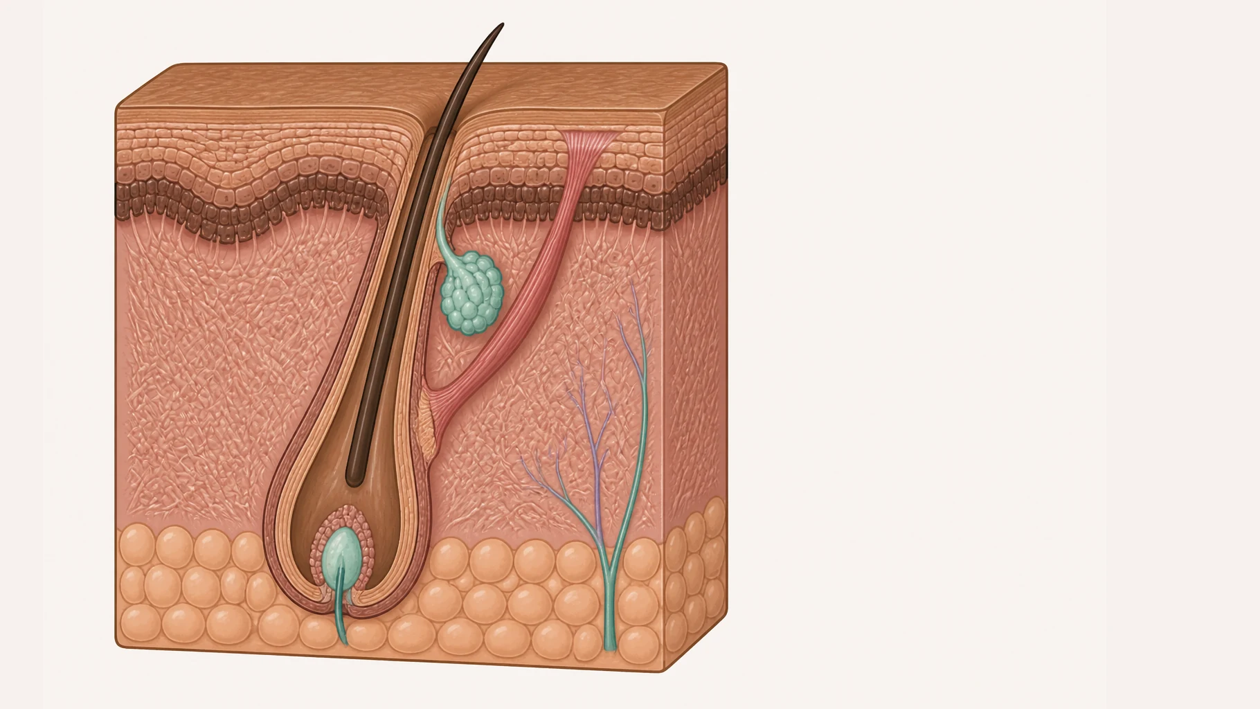 A single hair follicle shown in section through a block of skin. The hair shaft emerges at the surface and runs down inside a canal built of concentric sheaths to a rounded bulb at the base, where a pale dermal papilla pushes up into it and a small blood vessel enters. An oil gland is attached to the side of the canal, and a slender muscle runs from the follicle up to the underside of the epidermis.