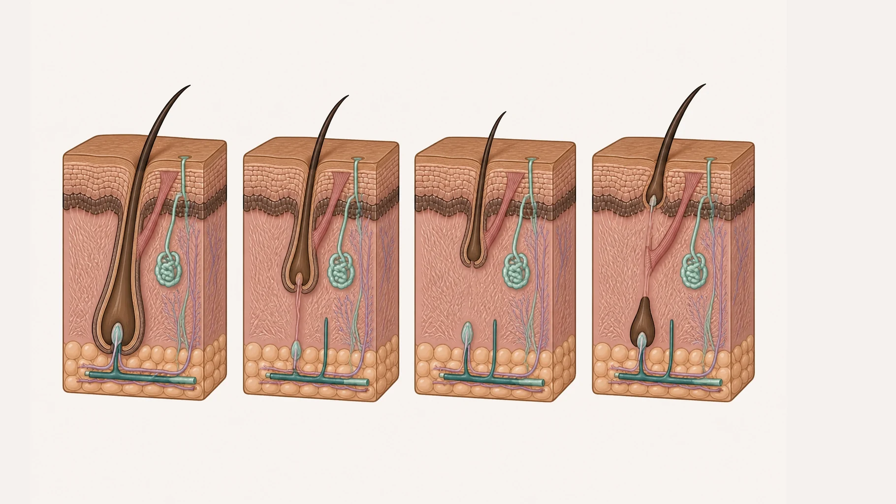 Four blocks of skin in a row showing one follicle at four points in its cycle. In the first the bulb sits deep in the fat with a thick dark hair. In the second it has climbed to the edge of the fat. In the third it rests high in the dermis as a blunt club, above the papilla it left behind. In the fourth the old hair lifts away while a new dark bulb grows down again.