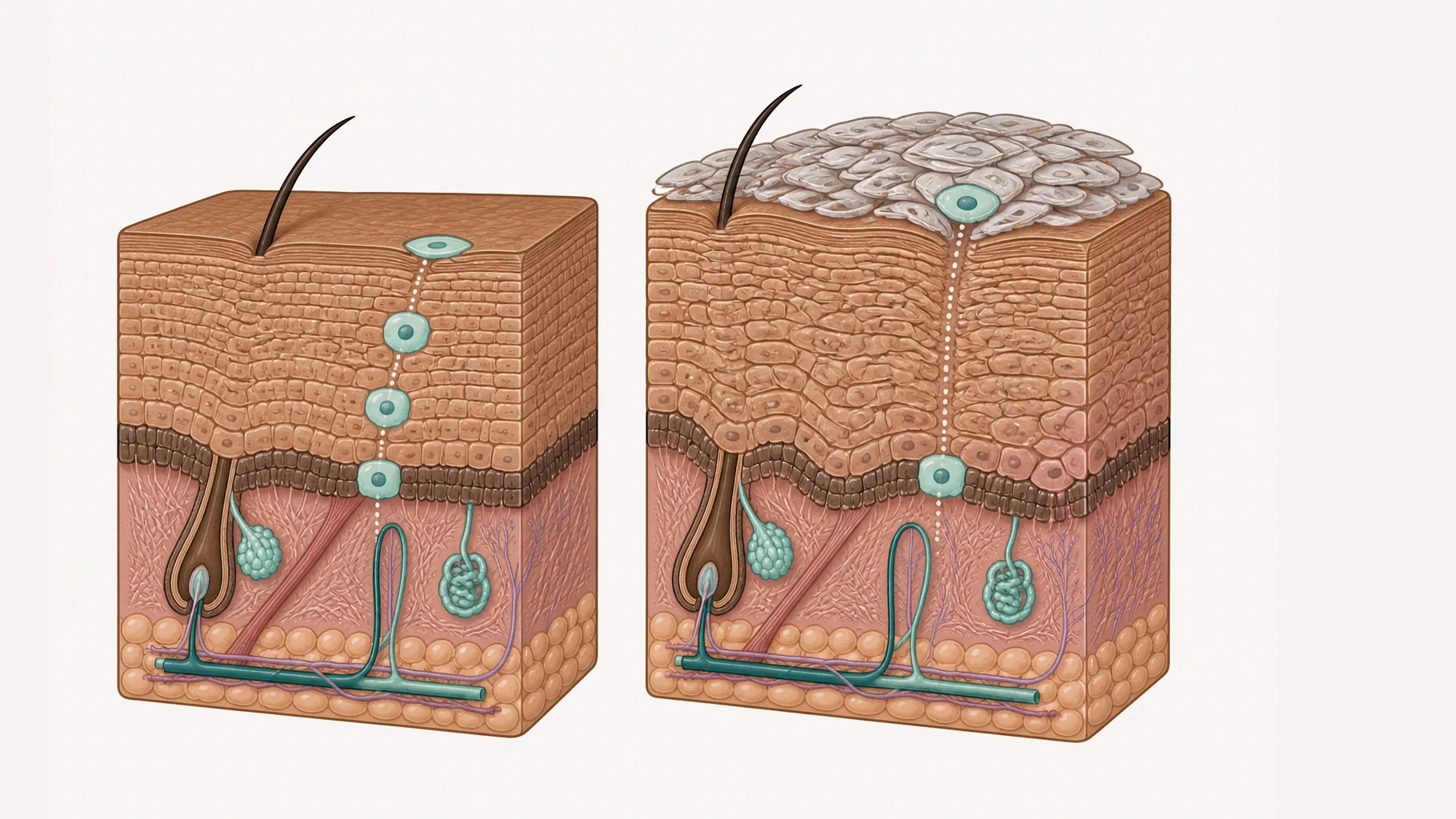 Two panels at the same scale showing the journey of a skin cell from the base of the epidermis to the surface. In the first the cell travels slowly through evenly stacked layers and is flat and without a nucleus by the time it reaches the top. In the second the same journey is compressed: the layers are thicker and disordered and the cells at the surface still carry their nuclei.