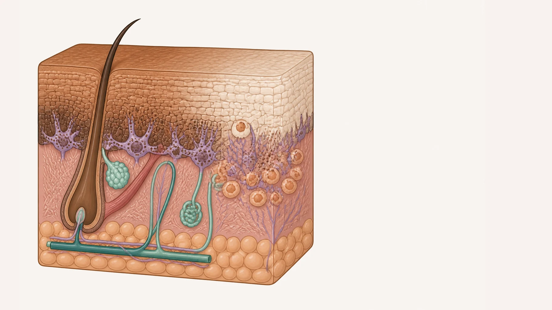 A magnified view of the base of the epidermis. On the left, star-shaped pigment cells are intact and passing dark granules into the surrounding skin cells, and the skin above is warm brown. Toward the right, immune cells have gathered and closed in: one pigment cell is shrunken, another is breaking apart, and the skin above has lost its colour and turned pale.