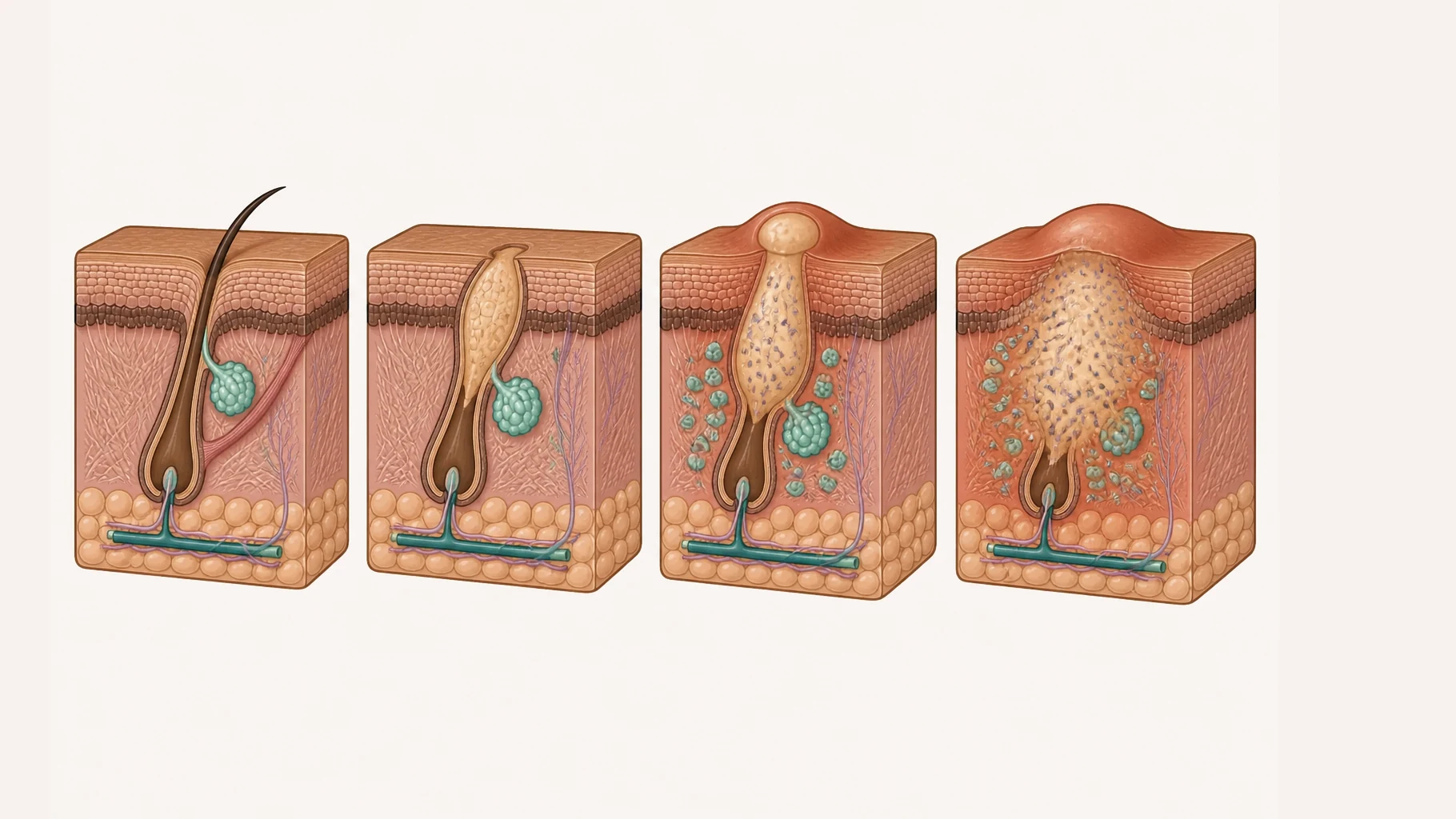 Four follicles in a row. The first is normal. In the second the lining has thickened and oil has backed up into a closed plug. In the third the plugged canal is inflamed with bacteria multiplying inside and the surface raised into a bump. In the fourth the follicle wall has burst deep in the dermis, spilling its contents and inflaming a much wider area.