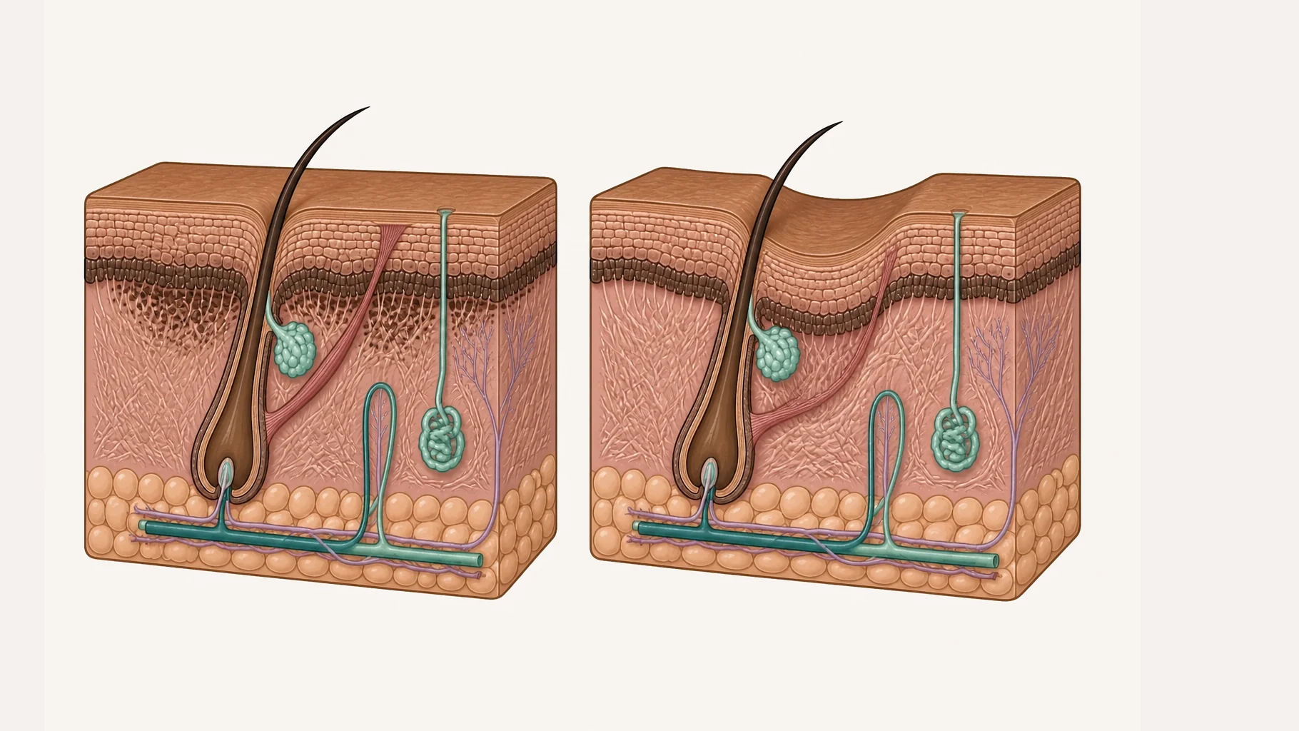 Two blocks of skin side by side. In the left block the surface is completely smooth and level, and the only abnormality is a dense band of dark brown pigment sitting in the lower epidermis. In the right block the pigment is normal but the surface dips into a saucer-shaped depression because the collagen beneath it has been lost.