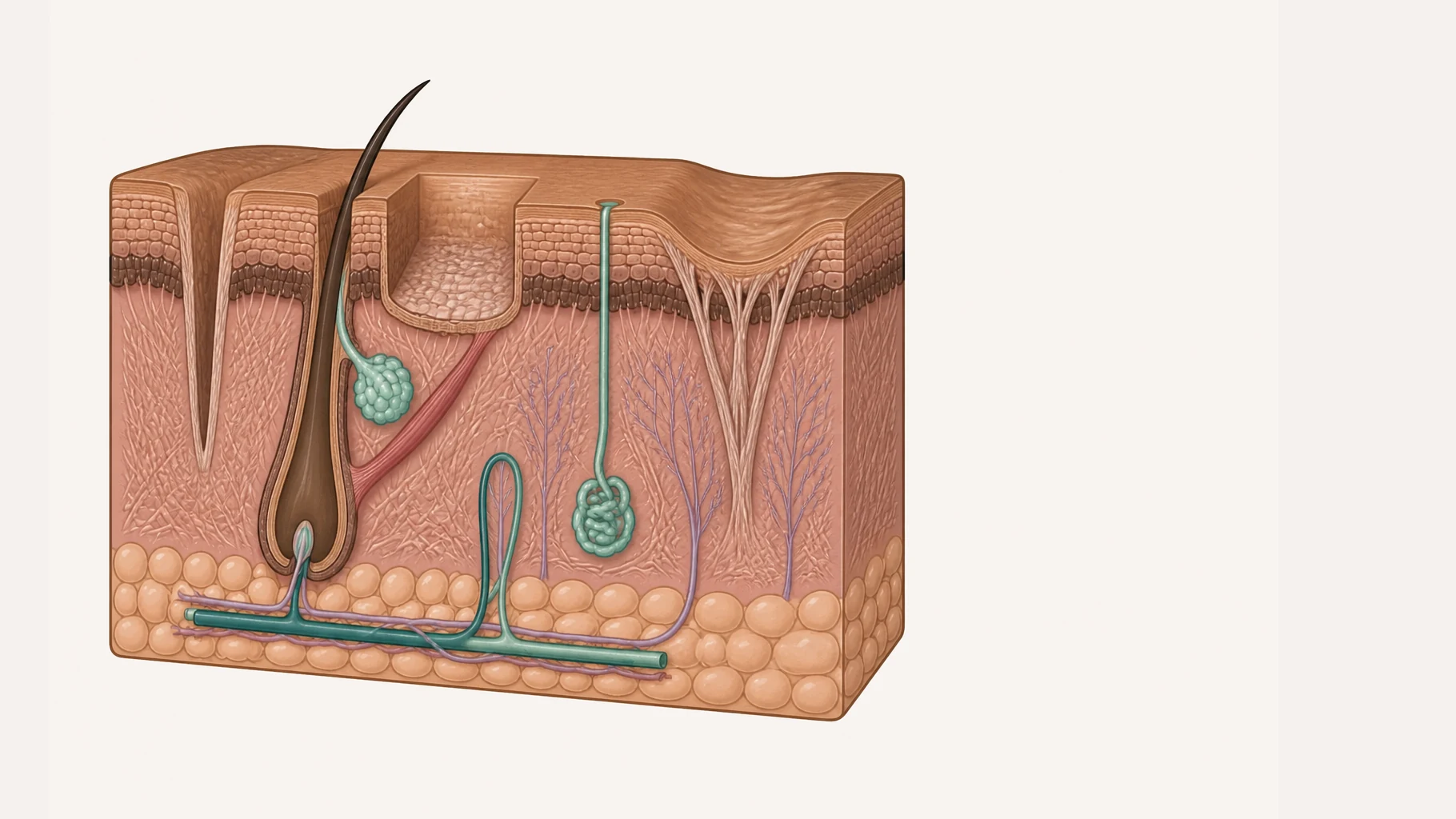 One block of skin containing three different scars. The first is a very narrow tract plunging steeply and deeply into the dermis. The second is a wider crater with a flat floor and sharp vertical walls. The third is a broad shallow undulation with fibrous strands beneath tethering the surface down to deeper tissue.
