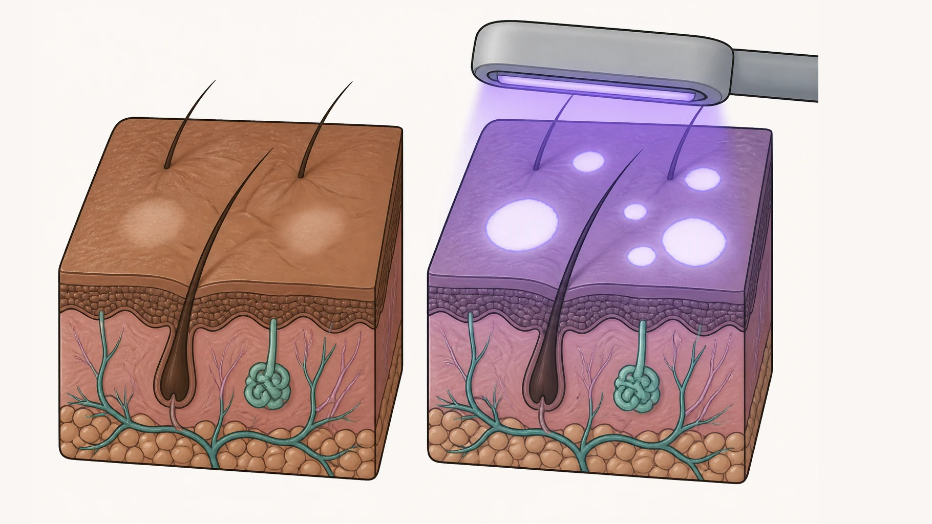The same patch of brown forearm skin shown twice. In ordinary daylight two pale patches are faint and low in contrast. Under the violet light of a Wood's lamp the same two patches glow with sharp borders, and three further patches appear that were not visible before.