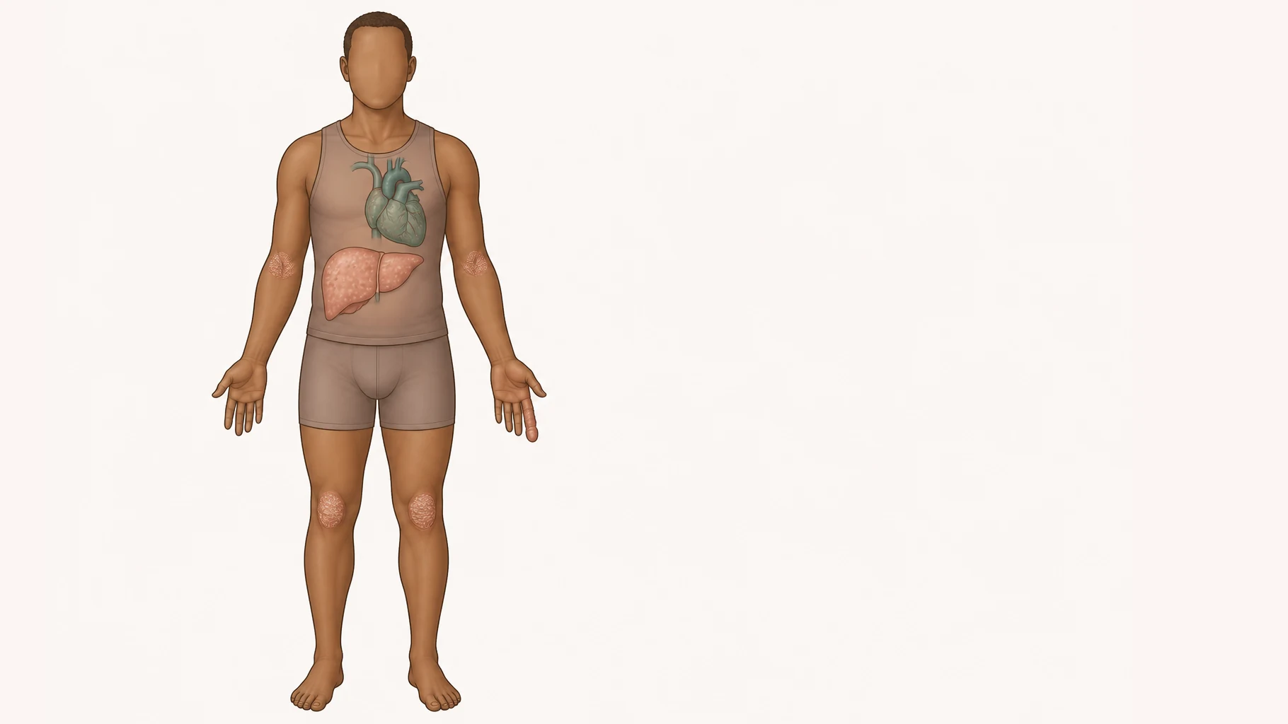 A standing figure of ordinary build in plain fitted clothing, with scaled psoriasis patches on both elbows and both knees. The torso is drawn as if softly transparent: a heart sits in the upper chest with two large vessels leaving it, one visibly thickened and narrowed, and a plump pale liver speckled with fine droplets fills the upper right abdomen. One index finger is swollen along its whole length with an inflamed joint at its base.