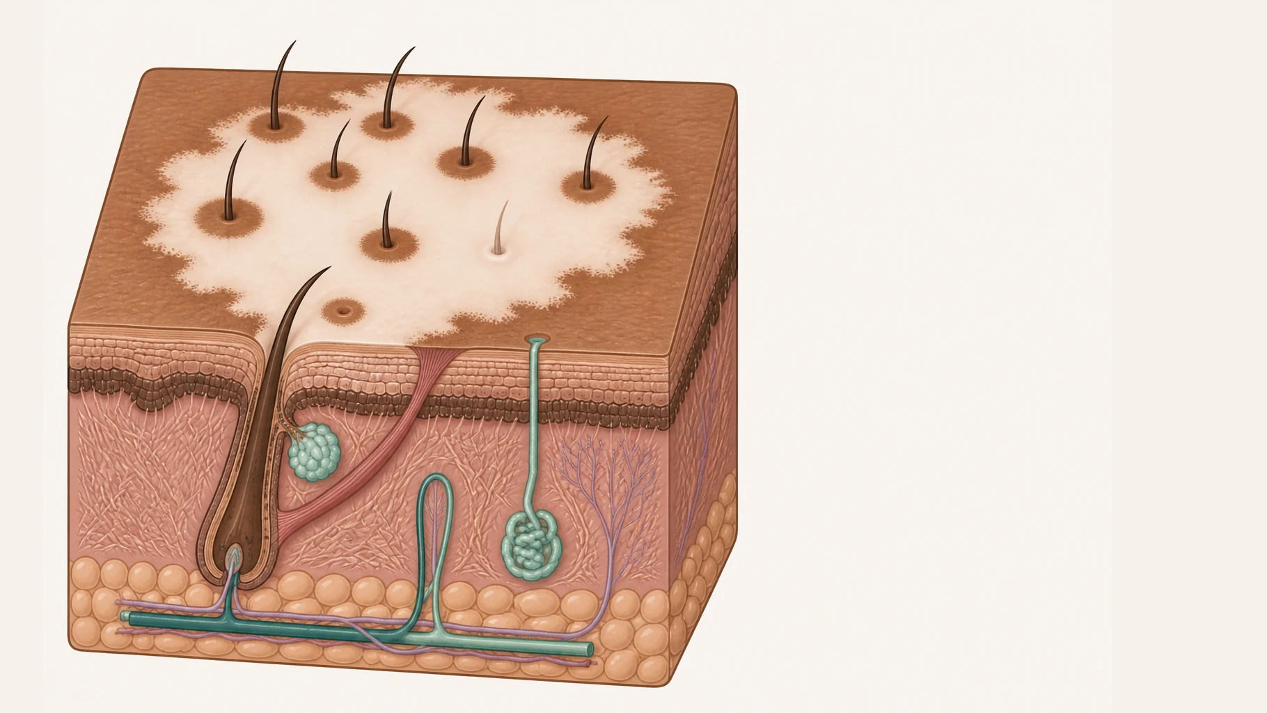 A pale vitiligo patch on brown skin, seen from above, with pigment returning in two ways. Small round islands of brown pigment have appeared inside the patch, each one centred on a hair and spreading outward from it, while a band of pigment creeps inward from the patch border. Two hairs in the patch have no island around them yet. A cut-away at the corner shows a hair follicle running down beneath the pale surface.