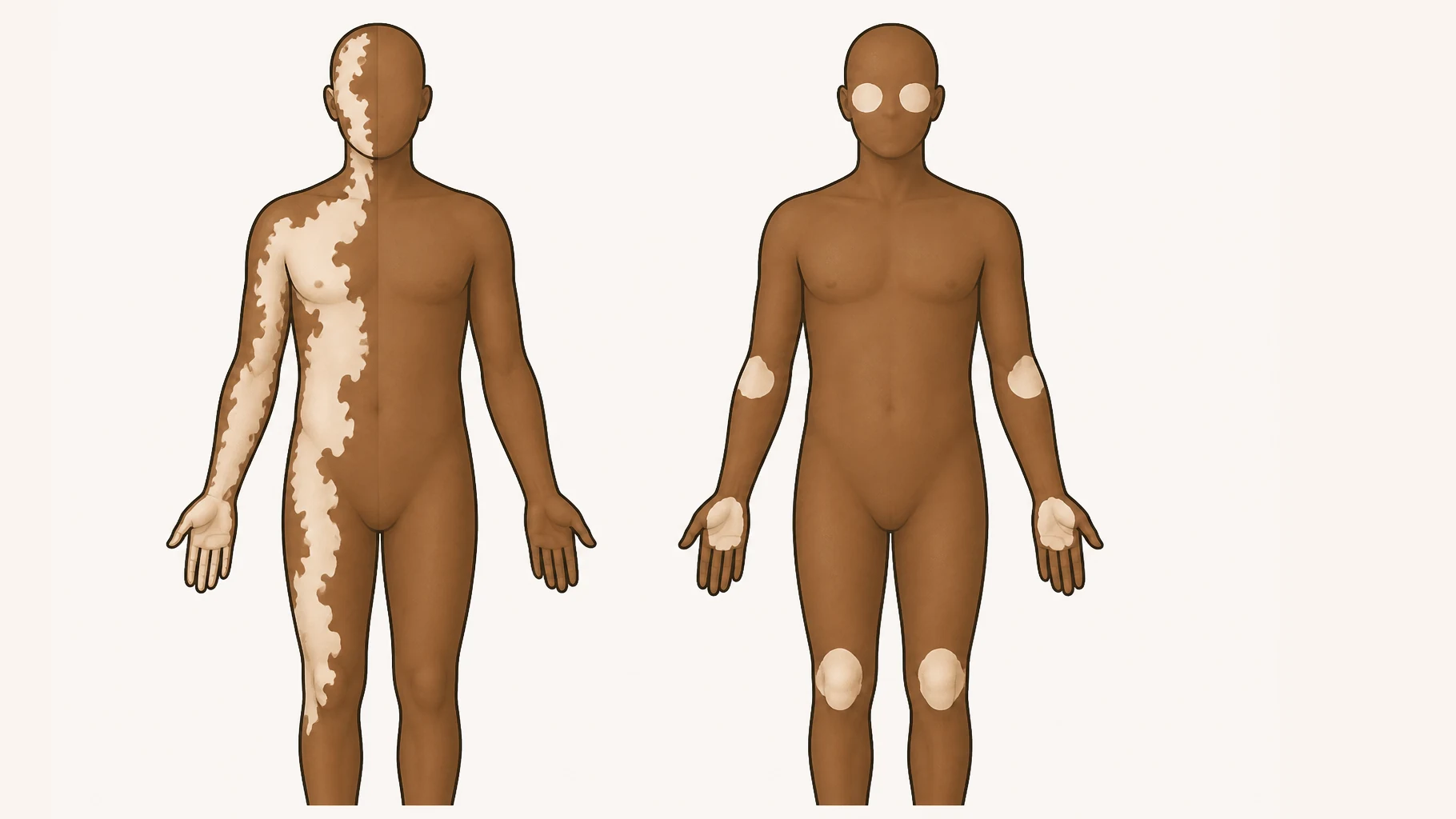Two simplified featureless human figures side by side on brown skin. The left figure has pale depigmented patches gathered into a single band running down one side of the face, trunk and arm, stopping abruptly at the midline so the other half is unaffected. The right figure has smaller patches arranged symmetrically — a matching patch at each eye, each elbow, each hand and each knee.