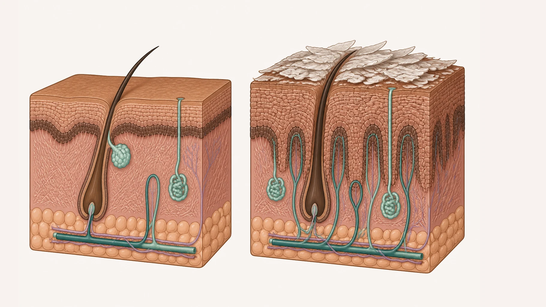 Two blocks of skin side by side at the same scale. The left block is normal: a thin, evenly stacked epidermis over the dermis with a gently wavy boundary. The right block is a psoriasis plaque: the epidermis is far thicker and sends deep finger-like ridges down into the dermis, widened blood vessels loop up into the thinned areas between those ridges, and the surface carries thick, loose, silvery-white scale lifting away in flakes.