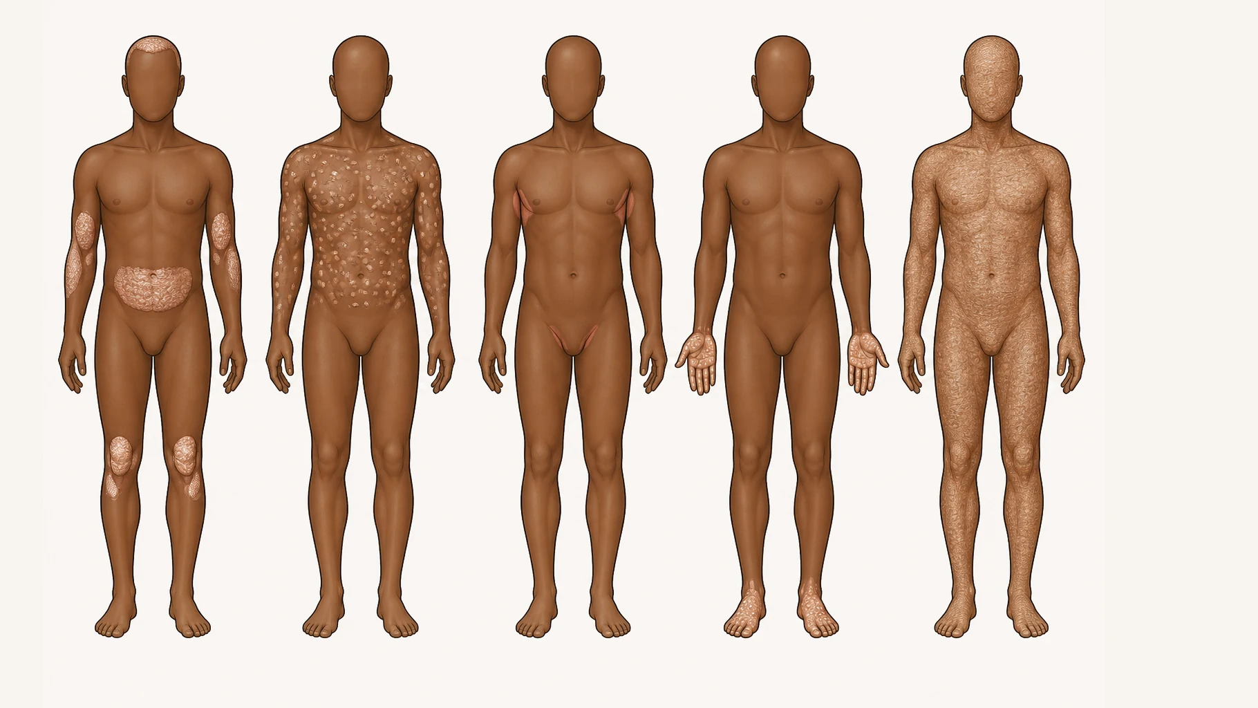 Five simplified featureless human figures in a row on brown skin. The first has a few large scaled patches at the elbows, knees, lower back and scalp. The second has many small drop-sized spots scattered over the trunk and upper arms. The third has smooth patches without scale confined to the armpits and groin creases. The fourth has patches studded with tiny pale dots on the palms and soles. The fifth has almost the entire body surface involved.