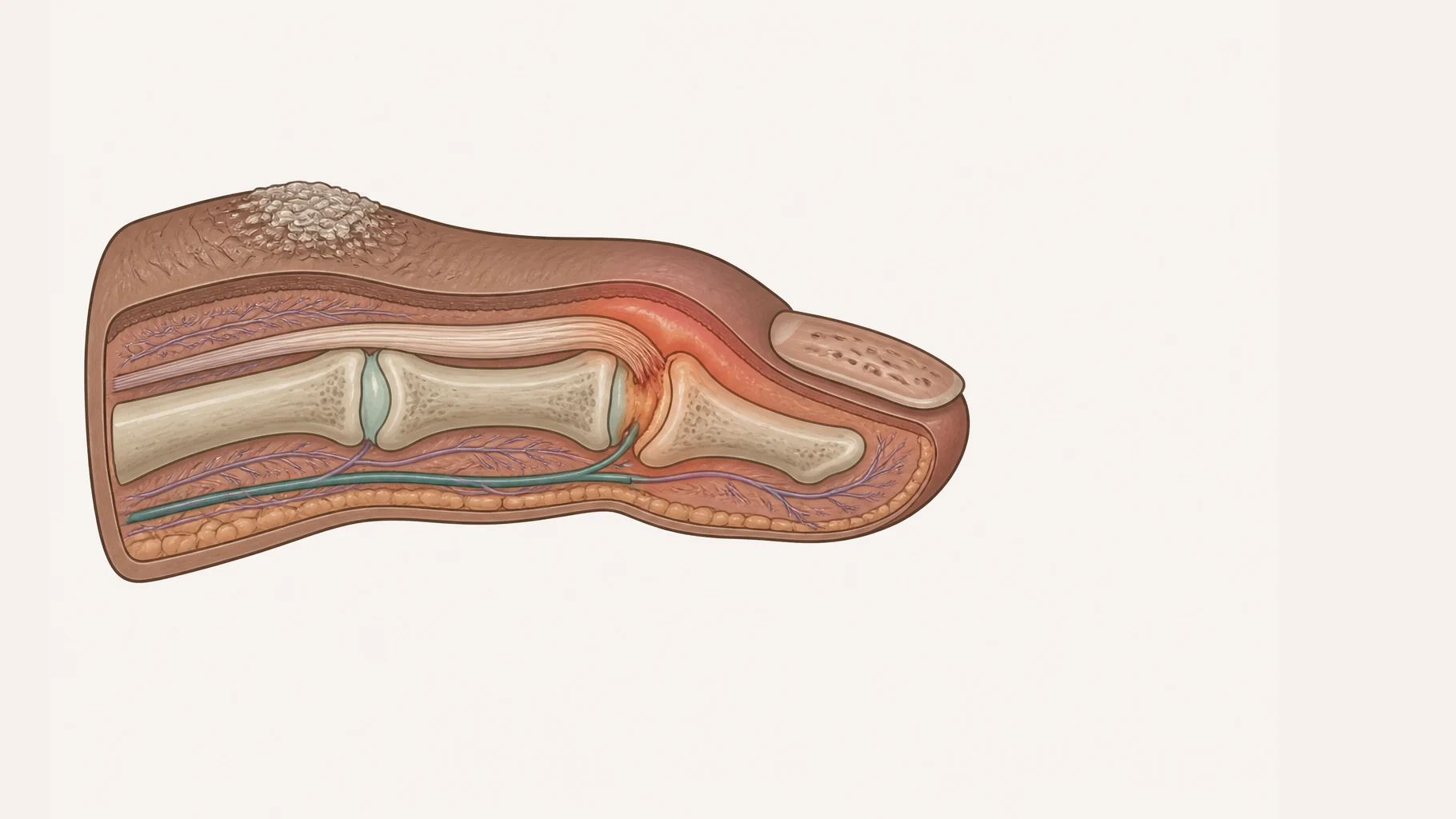 A finger drawn in side view and cut away along its length so the bones, the joint spaces and the tendon are visible. The last joint before the fingertip is swollen and inflamed, as is the point where the tendon anchors into the bone beside it. The nail above that joint is pitted and lifting at its free edge, and a small scaly plaque sits over the knuckle further back.