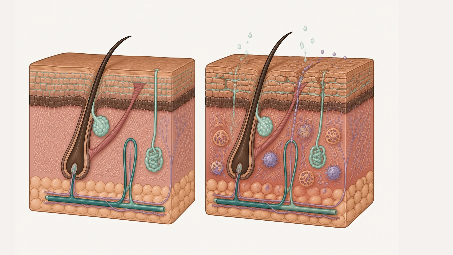 Two panels at the same scale. On the left, healthy skin: the outermost layer is a tidy wall of flattened cells with every gap filled by continuous lipid. On the right, eczema: the lipid is thinned and broken so open channels run between the cells, water escapes upward through them, irritants and allergen grains pass downward, and the tissue beneath is inflamed with immune cells gathered in it.
