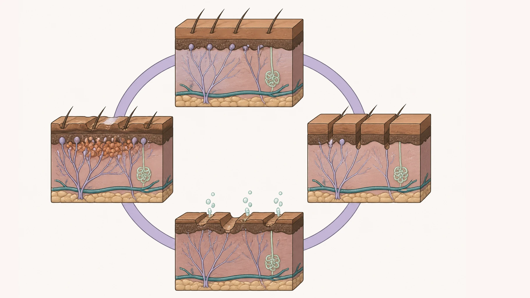 Four blocks of skin arranged in a ring and joined by a continuous lilac band. At the top, fine nerve fibres reach up through the dermis with swollen active tips. At the right, three parallel grooves have been gouged down through the outermost layer. At the bottom, the outer layer is thinned and interrupted and water escapes upward as rising droplets. At the left, inflammatory cells crowd the dermis beneath the broken surface and the nerve fibres beside them are thicker and more active than at the top.
