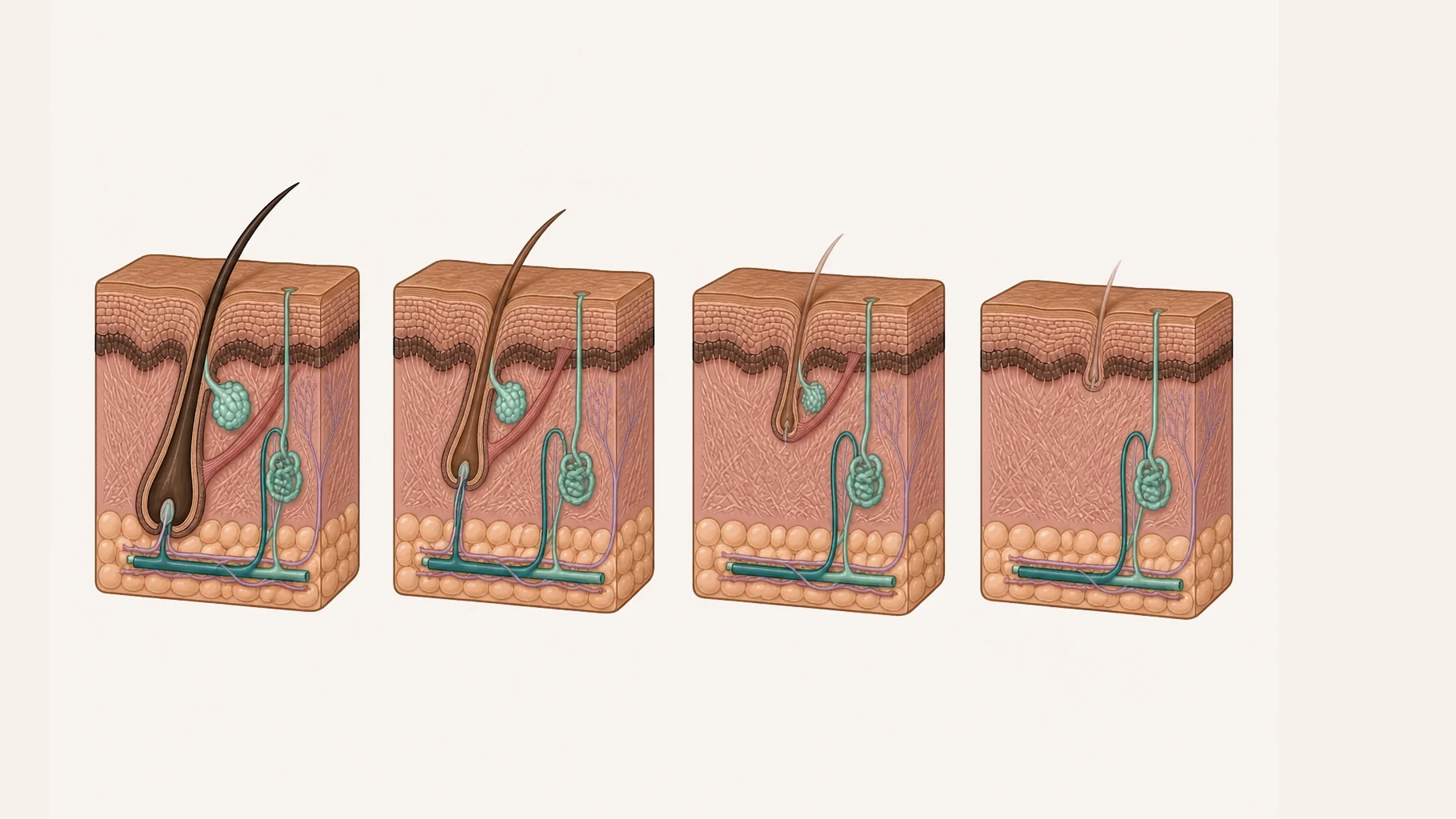 Four blocks of skin in a row showing the same follicle over years. It starts deep with a large bulb in the fat and a thick dark hair, then becomes progressively shallower with a smaller bulb and a finer, paler hair, until the last is a tiny follicle just under the surface with a barely visible colourless wisp.