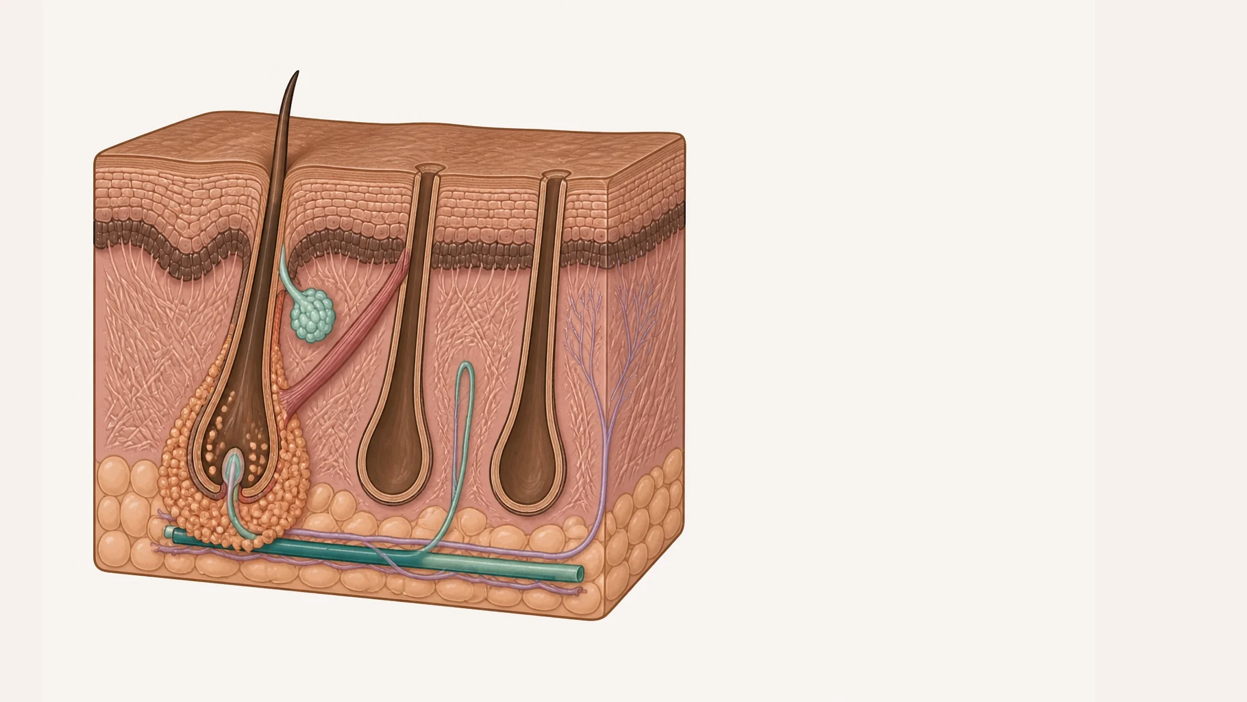 A hair follicle in section with a cluster of immune cells swarming around its bulb deep in the tissue. The follicle itself is intact. At the edge of the bare patch a short hair tapers sharply toward the scalp, narrower at its base than at its tip.