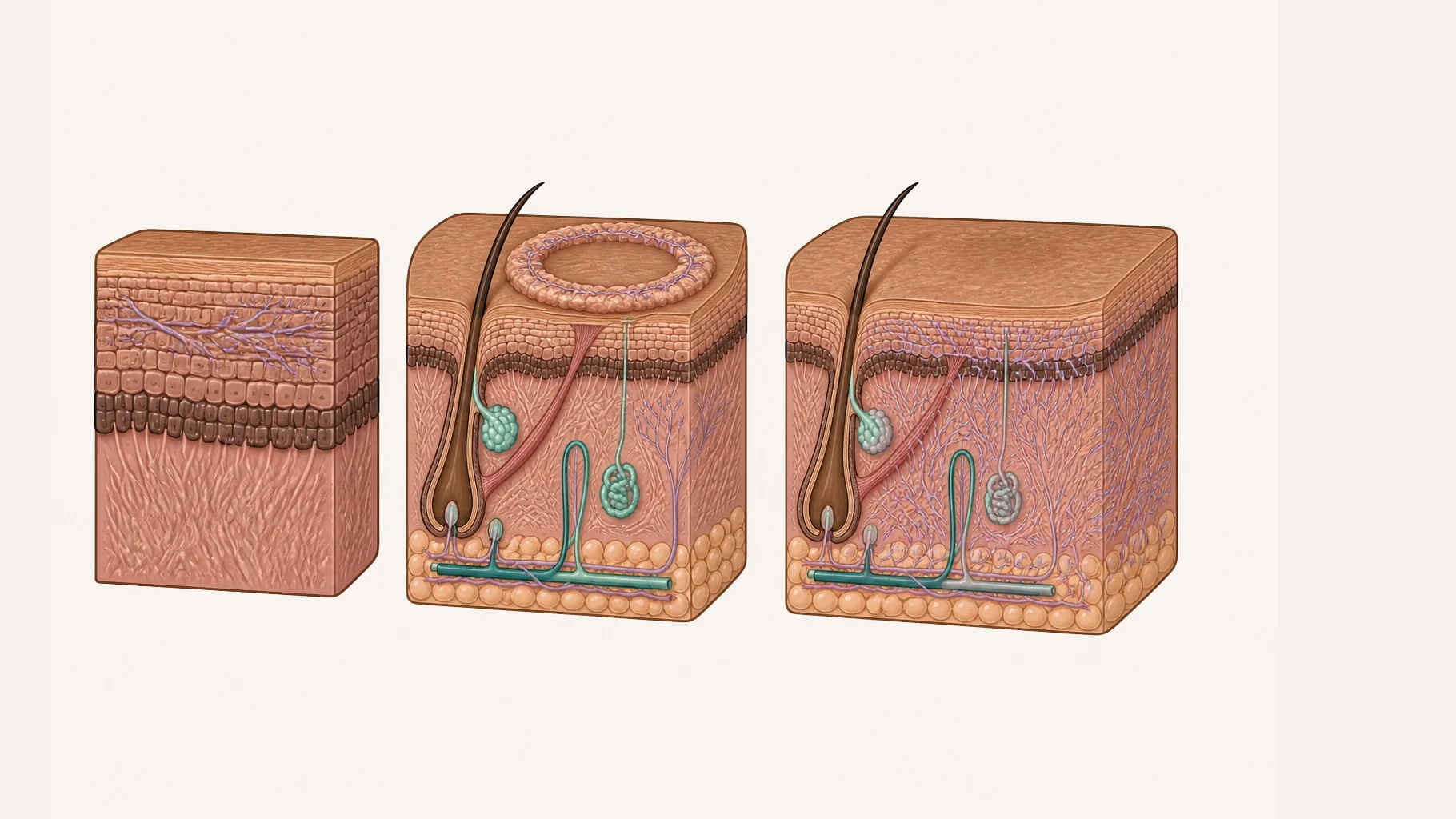 Three panels. The first magnifies the outermost dead layer of skin with fine branching fungal threads growing sideways through it. The second shows the same infection from above as a ring with a raised scaly active border and a clearer centre. The third shows that ring after a steroid cream: the surface looks calm, but the threads beneath have spread much further and deeper than the visible edge.