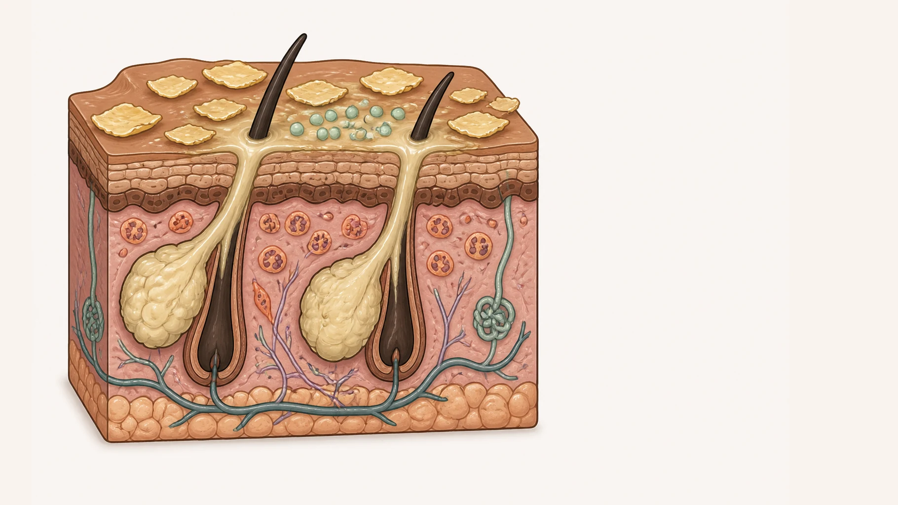 A block of scalp in section. Two hair follicles run down from the surface, each with a much-enlarged sebaceous gland attached to the side of its canal, swollen with oil. Oil flows from the glands along the canals and out onto the surface as a glistening film, and small round yeast bodies sit in that film where it is thickest. Loose greasy yellow flakes lift from the surface between the hairs, and inflammatory cells are scattered in the dermis beneath.