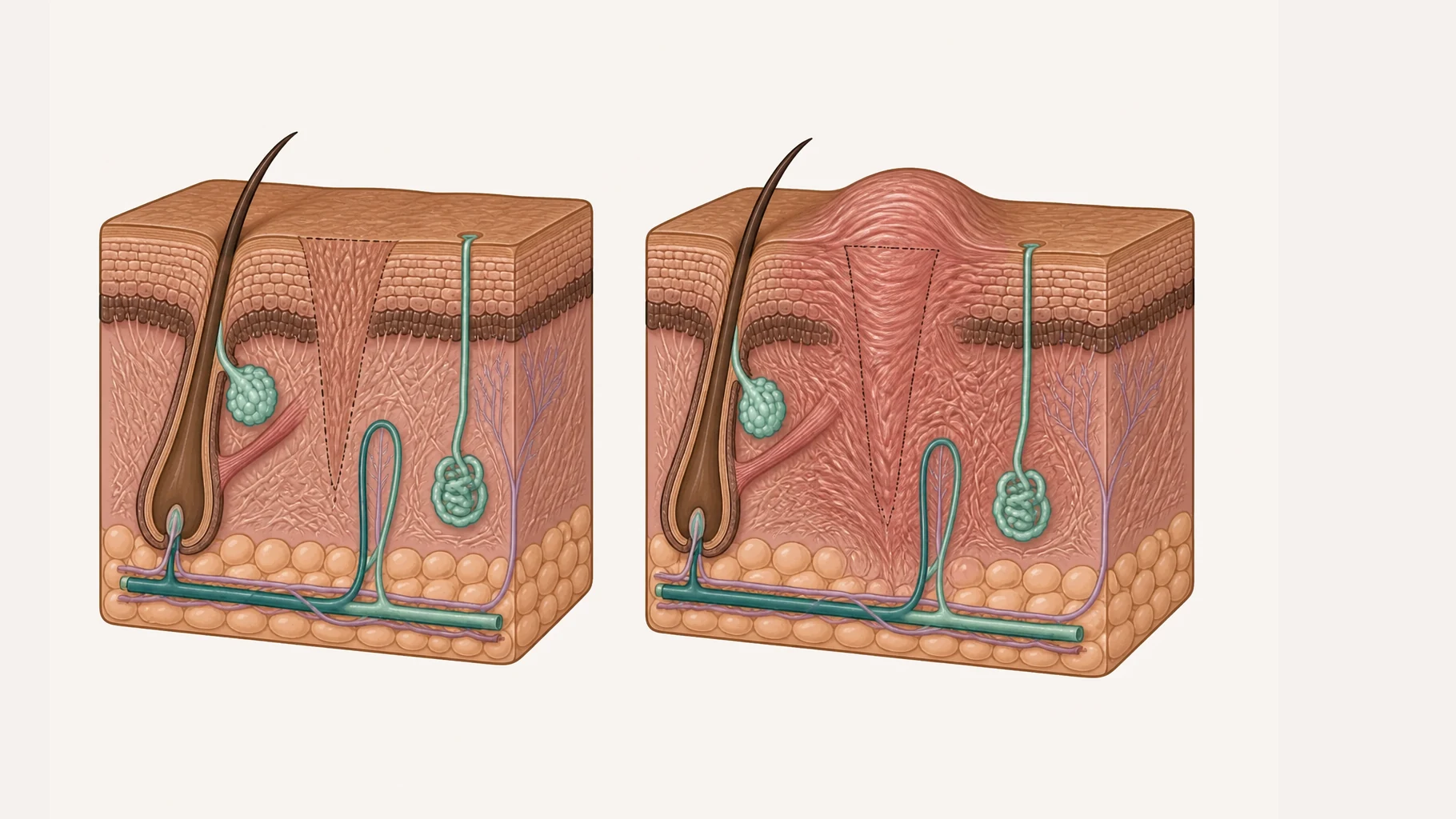 Two blocks of skin, each showing the same small original wound marked by a faint dotted outline. In the left block new collagen has filled the wound in orderly bundles and stayed inside that outline, leaving a flat surface. In the right block thick swirling collagen has grown well beyond the outline in every direction and pushed the surface into a raised mound.