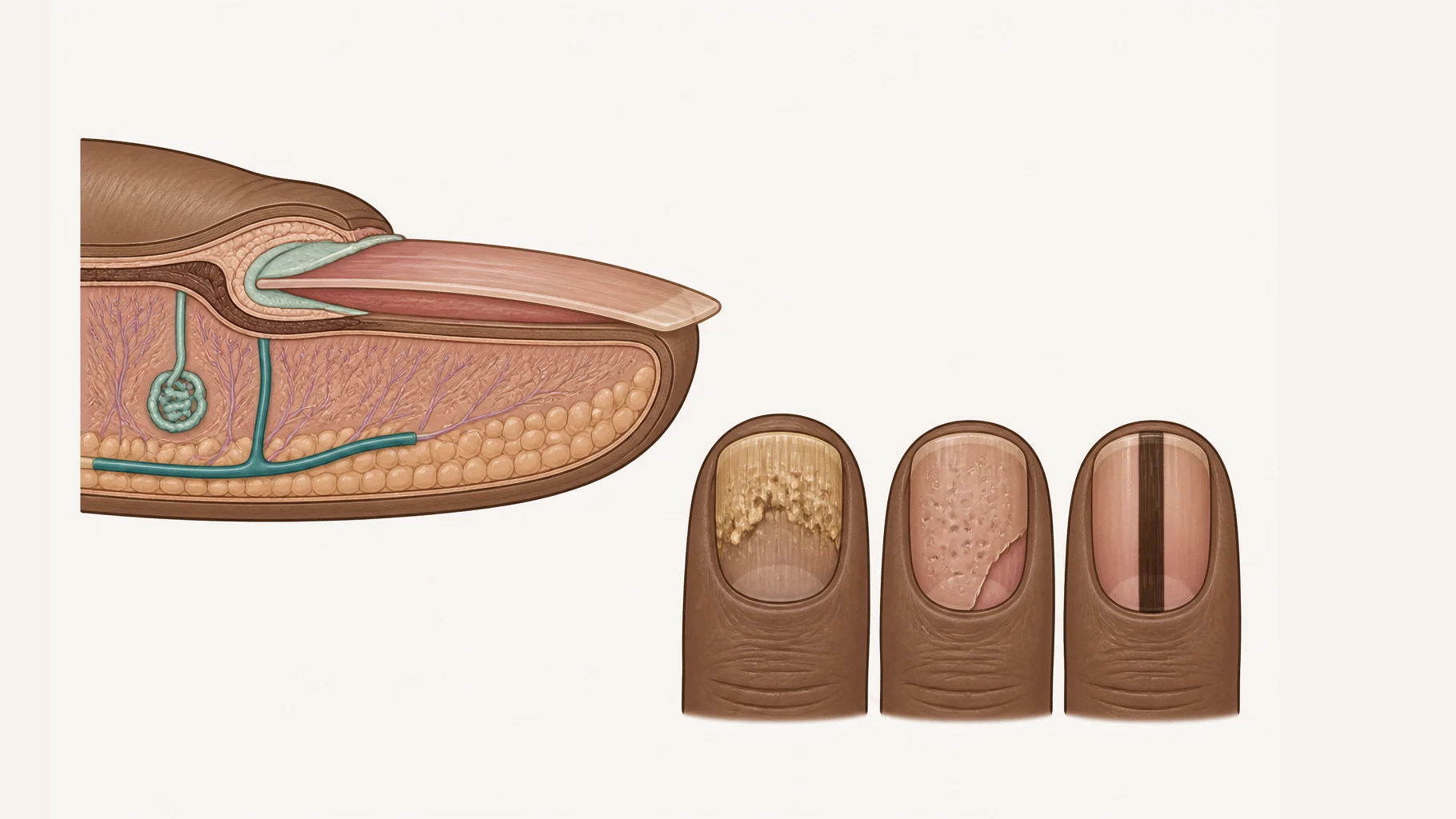 On the left, a fingertip in long section showing the growth zone under the skin at the base of the nail, the pale crescent, the nail plate lying over its bed, and the free edge. On the right, three nails seen from above: one thickened and crumbling from the free edge, one covered in small round pits with a patch lifting from its bed, and one crossed by a single dark band running lengthwise.