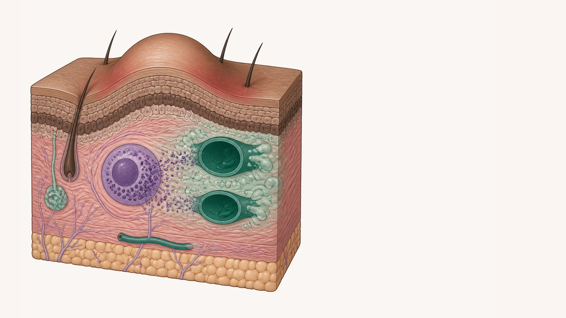 A block of brown skin in section. In the dermis a large lilac mast cell is spilling granules into the tissue around it. Two nearby blood vessels are drawn much wider than a normal narrow vessel deeper in the same block, and fluid escapes through their walls into the dermis, which is swollen and separated by it. The swelling pushes the skin surface above into one smooth raised dome, and the skin around the base of the dome is flushed a deeper tone.
