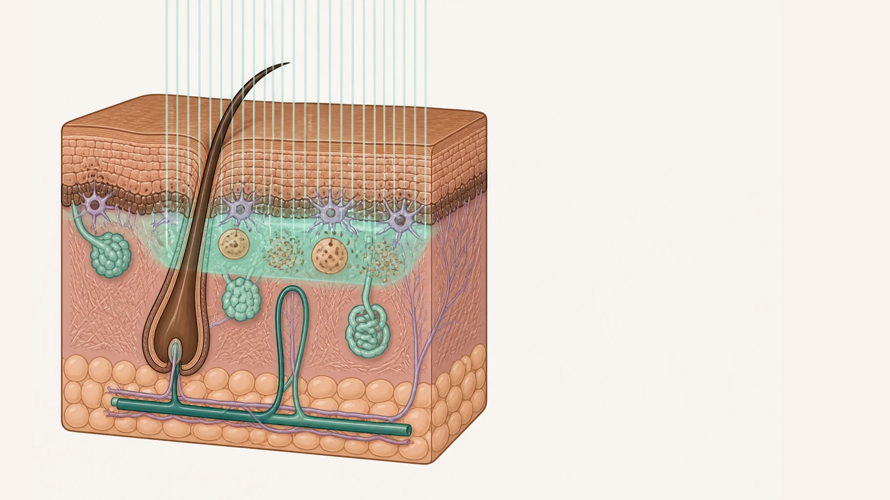 A block of skin with a band of fine parallel light rays entering from above. The rays penetrate the epidermis and stop in the upper dermis, forming a clearly bounded lit zone that does not reach the fat. Inside that zone immune cells are breaking apart while the star-shaped pigment cells at the base of the epidermis are enlarged and active, releasing dark granules upward.
