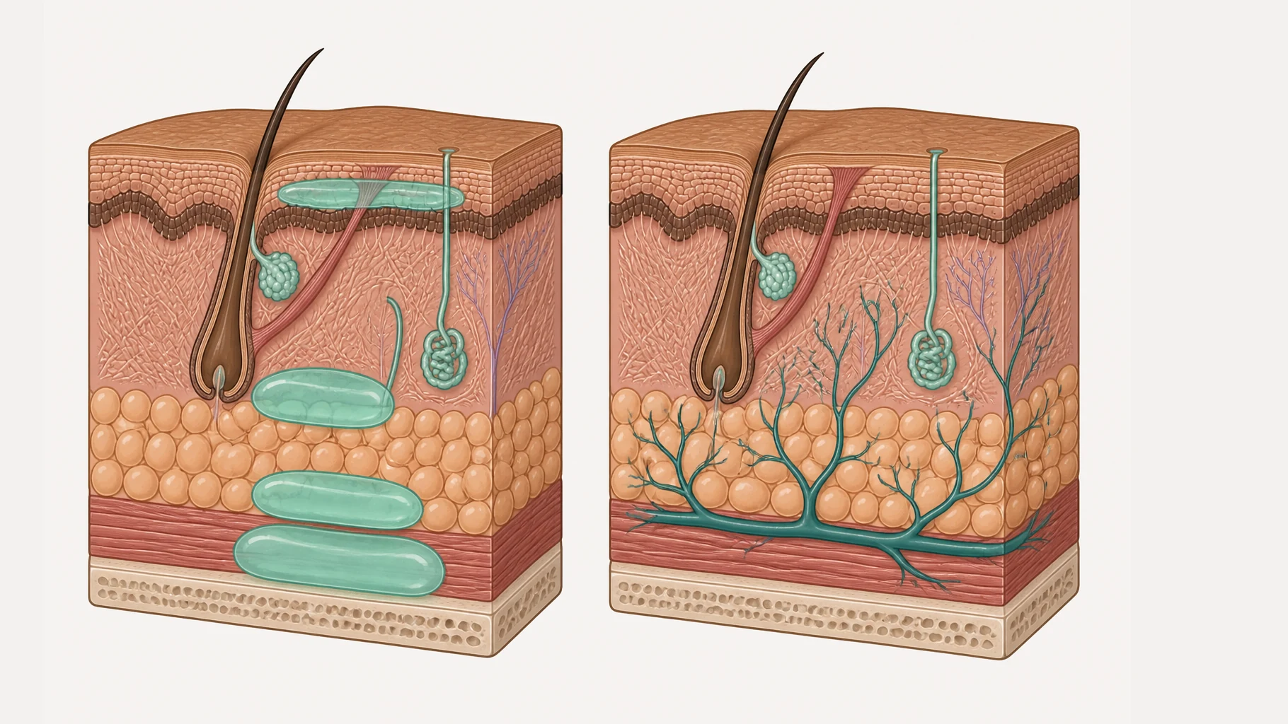 Two blocks of facial tissue at the same scale. The left block shows skin, fat, muscle and bone in section with three separate deposits of clear gel placed at three different depths, each lifting the surface above it by a different amount. The right block shows the same layers with the arteries drawn instead, branching upward through them.