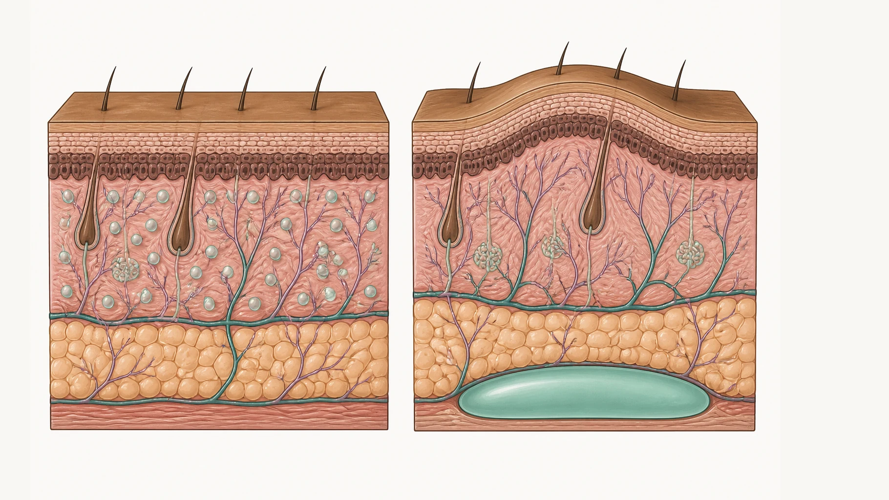 Two identical blocks of skin side by side. In the left block, many tiny separate droplets of clear gel are spread evenly through the dermis and the skin surface above is flat and unchanged. In the right block there are no droplets in the dermis; instead one large smooth bolus of gel sits deep beneath the fat layer, and the skin surface directly above it is pushed up into a raised contour.