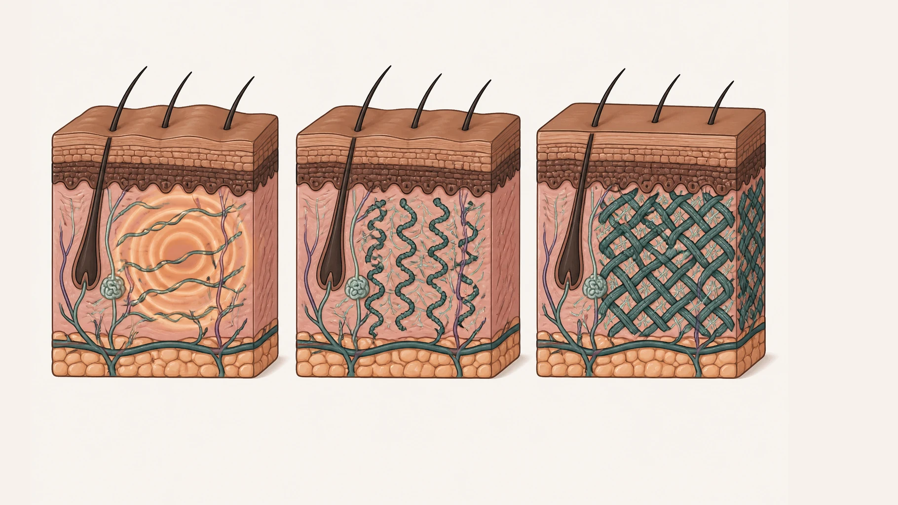 Three identical blocks of skin in a row showing the same skin at three times. In the first, warmth spreads through the dermis as soft concentric bands and the collagen fibres are long, thin and wavy with some beginning to coil. In the second the warmth has gone and the same fibres are shorter and thicker and more tightly coiled, with fine new fibres appearing between them. In the third the fibres form a dense orderly interwoven network filling a slightly deeper dermis, and the surface above is smoother than in the first.