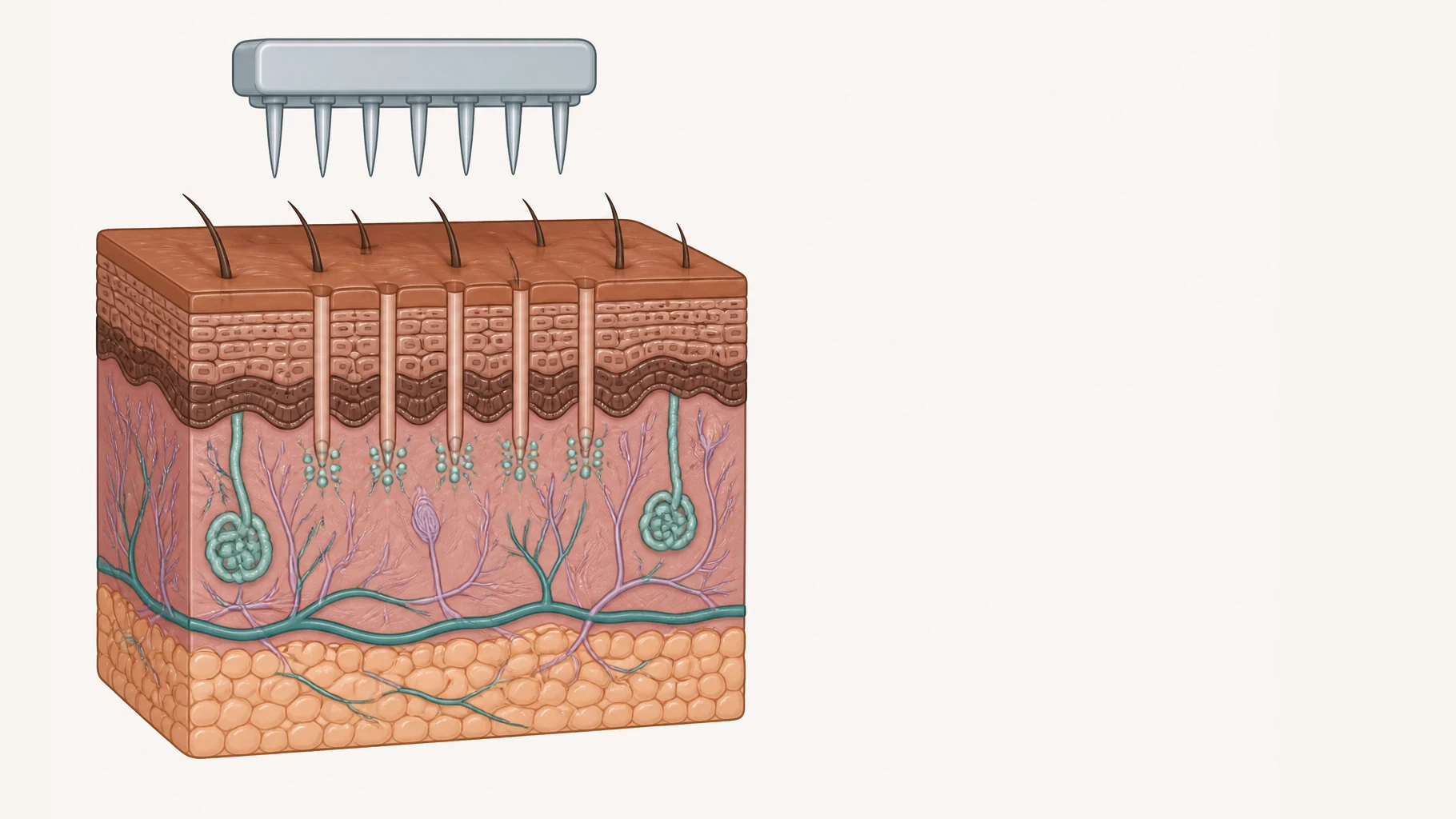 A block of brown skin in section with a flat head carrying a row of fine short needles above it. Several needles have entered the skin, each passing through the epidermis and stopping at the same depth in the upper dermis with their tips level along an even line, leaving narrow straight channels behind them. The fat layer below is clearly untouched. Small round repair cells and fine new collagen fibres gather around and below the tips.