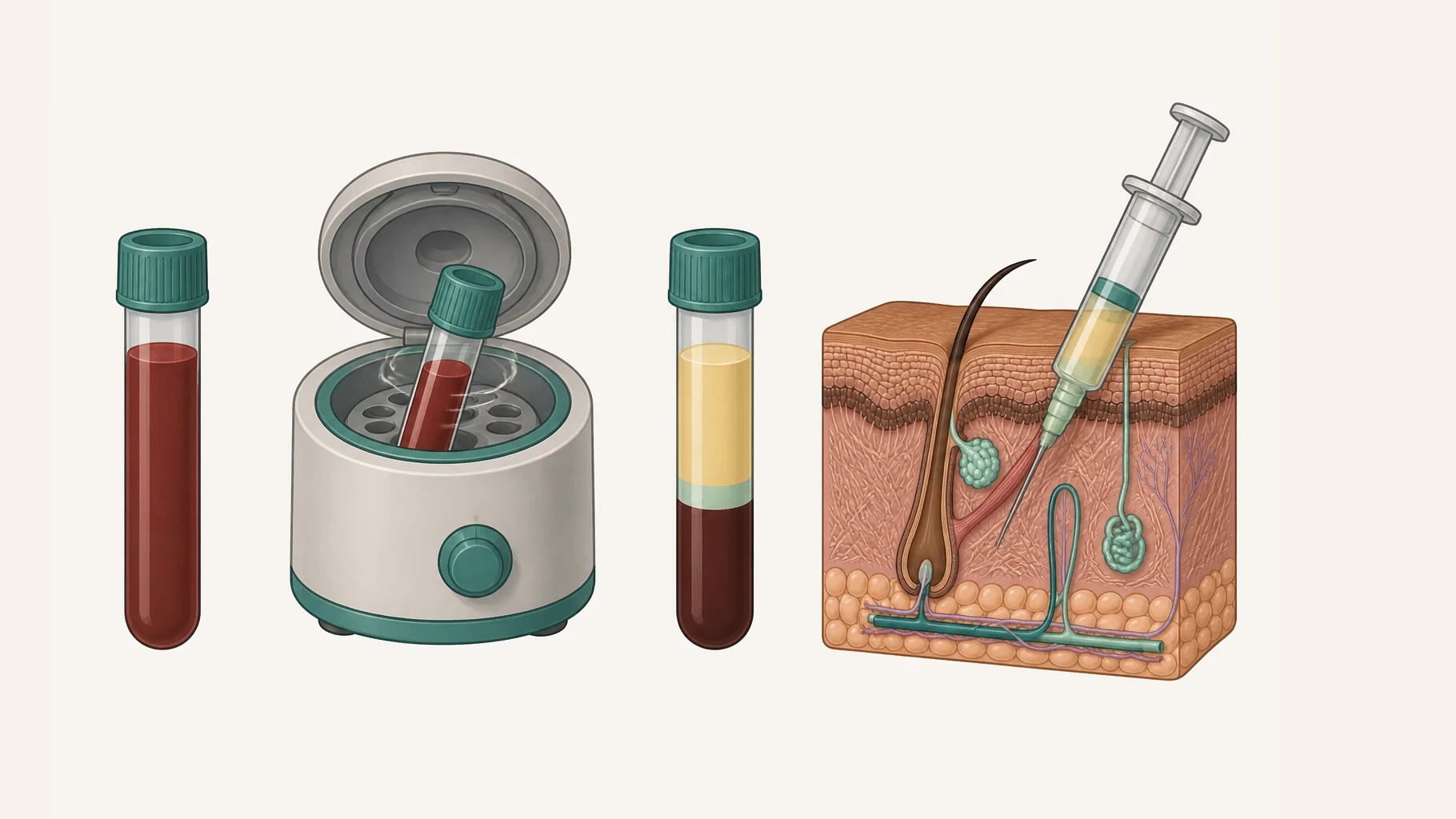 Four stages in a row. A tube of blood is drawn, spun in a small centrifuge, and comes to rest separated into three layers with a thin platelet-rich band across the middle. A fine syringe then delivers that middle fraction into scalp skin, its needle stopping at the depth of the hair bulbs.