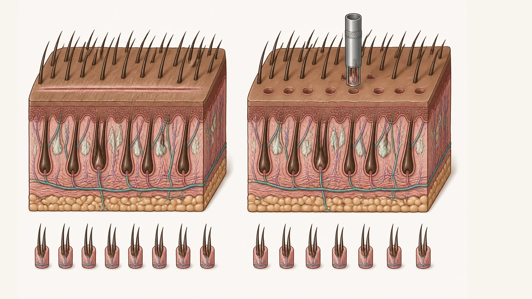 Two blocks of scalp side by side, each shown partly from above and partly in section. In the left block a long narrow horizontal strip has been removed from the donor area and the edges drawn together into a single fine closed line. In the right block a small cylindrical punch stands above the surface having removed one graft, and many tiny separate round openings are spread across the donor area. Below each block lies a row of identical small grafts of two or three follicles.