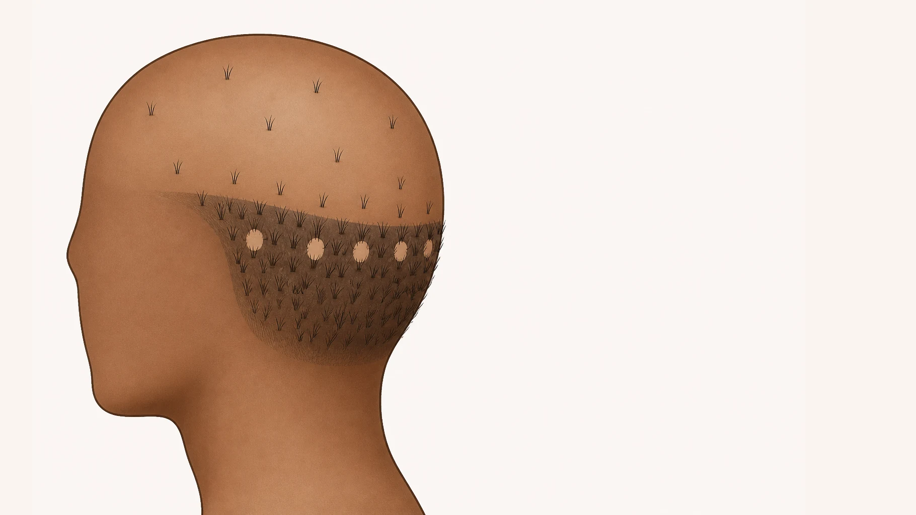 A simplified featureless head in profile. The back and lower sides of the scalp form a distinct deeper-shaded band densely packed with small clusters of hairs, and the band has a clear boundary beyond which there are none. The top and front are sparse, with only a few widely separated clusters. Several round gaps are visible in the dense band where clusters have been taken.