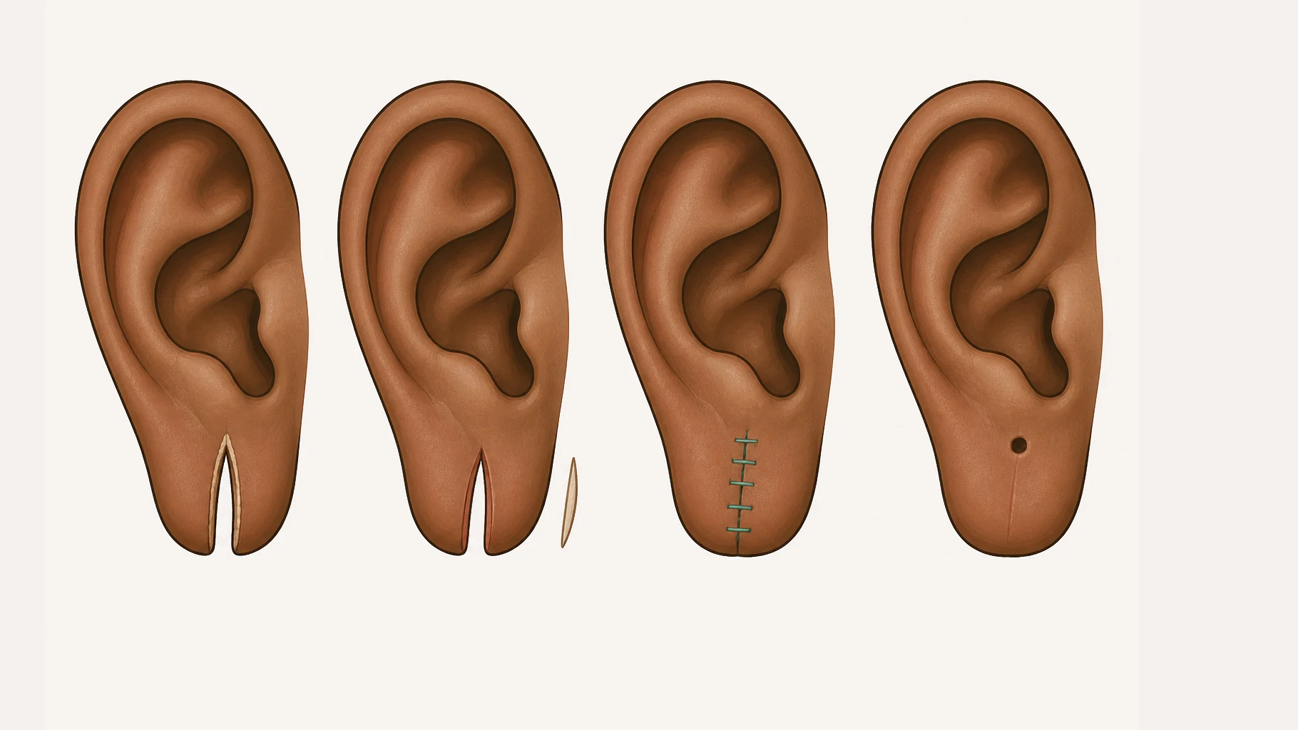 Four stages of one ear in a row on brown skin. In the first, a piercing hole has torn all the way through the lower edge of the lobe, splitting it into two prongs lined with a thin pale border of healed skin. In the second that lining has been trimmed away as a narrow sliver, which lies beside the ear, leaving two fresh edges. In the third the edges are held together by a single row of fine stitches. In the fourth the lobe has healed to one smooth continuous edge with only a faint line where the repair was, and a small new piercing point marked higher up and away from it.