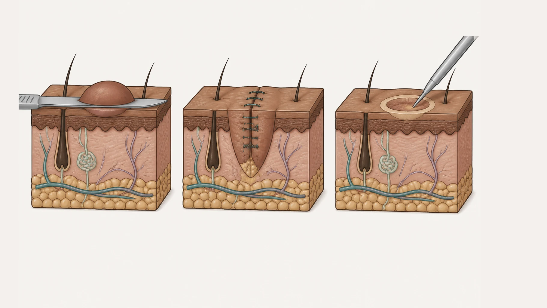Three identical blocks of skin in a row, each carrying the same small raised lesion. In the first a flat blade passes horizontally through the base of the lesion at the level of the surface, leaving the tissue below undisturbed. In the second a narrow wedge has been cut around and under the whole lesion through the full thickness of the skin into the fat, and the gap is closed with fine stitches. In the third a fine pointed tip touches the lesion, which has been vaporised into a shallow crater lined with a thin rim of pale altered tissue.
