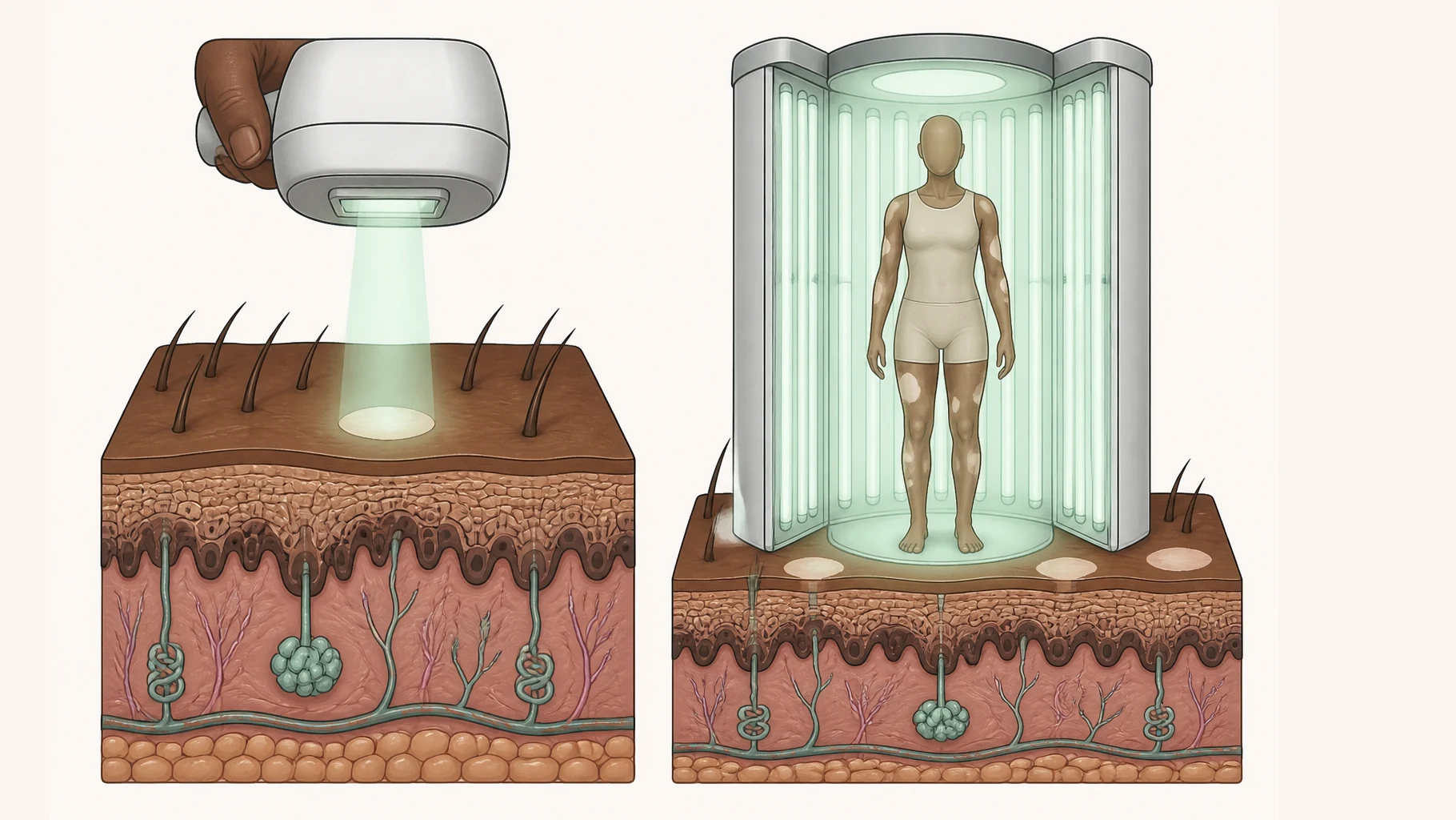 Two panels. On the left a handheld treatment head is held above a block of brown skin and sends a narrow cone of pale light down onto one small depigmented patch, leaving the skin around it unlit. On the right a tall three-sided cabinet lined with vertical light tubes holds a plain featureless mannequin in simple clothing; light fills the whole cabinet and reaches its arms, legs and head evenly, with several pale patches lit along with all the surface around them.