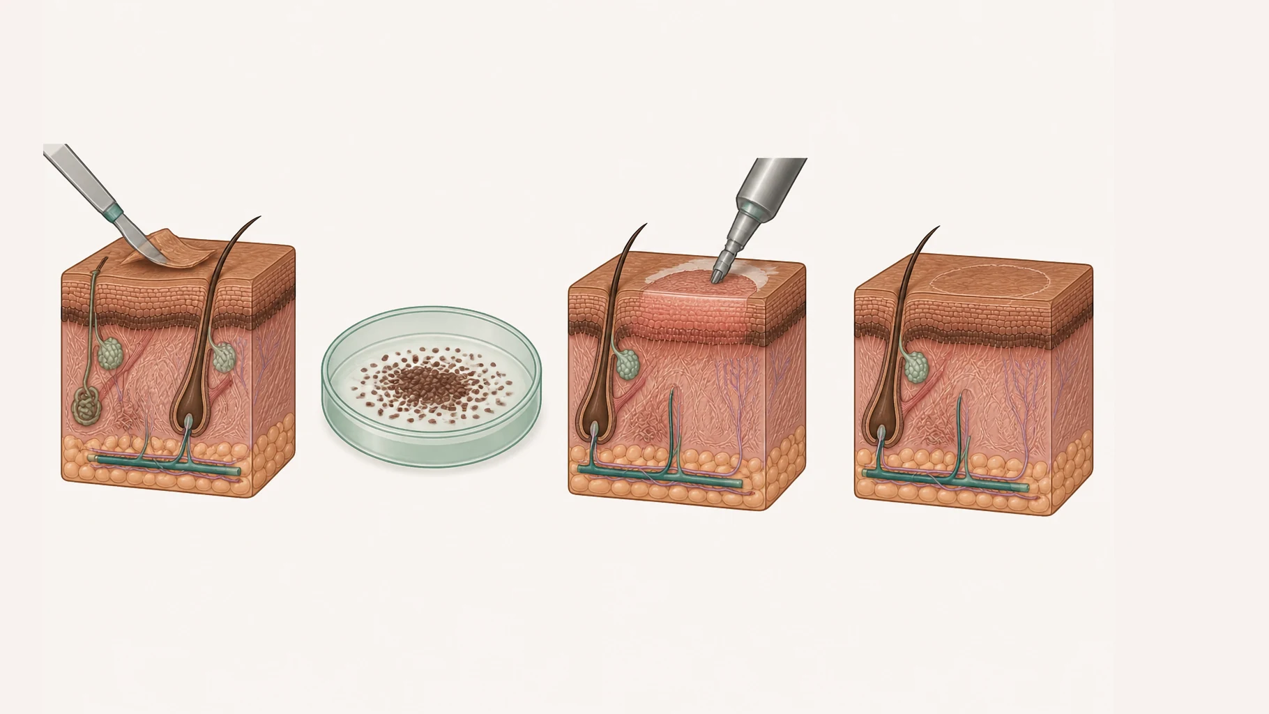 Four stages of a melanocyte transplant shown left to right. First, a very thin sheet of pigmented skin is lifted from a donor site with a fine blade. Second, that sheet is separated in a dish of fluid into a suspension of individual brown pigment cells. Third, the pale depigmented patch has its surface abraded by a small rotating burr. Fourth, the same patch has healed to the same brown as the skin around it, with only a faint outline showing where it was.