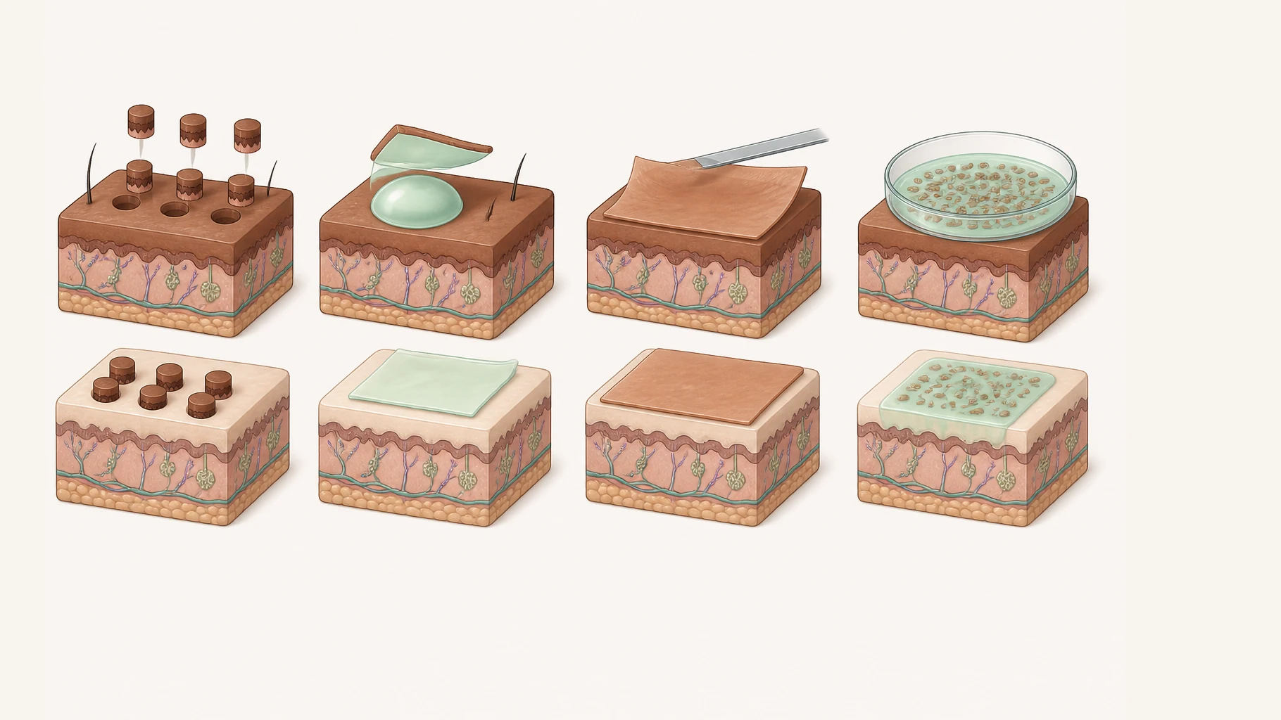 Four techniques in columns, each with a block of brown donor skin above and the pale recipient patch receiving it below. First, small round plugs of skin are lifted out of the donor block and set into matching holes in the patch. Second, a dome-shaped blister is raised on the donor and its thin roof laid over the patch. Third, a thin wide sheet is shaved off the donor with a blade and laid over the patch. Fourth, donor skin in a shallow dish has become a suspension of separate pigment cells, spread as a film across the patch.
