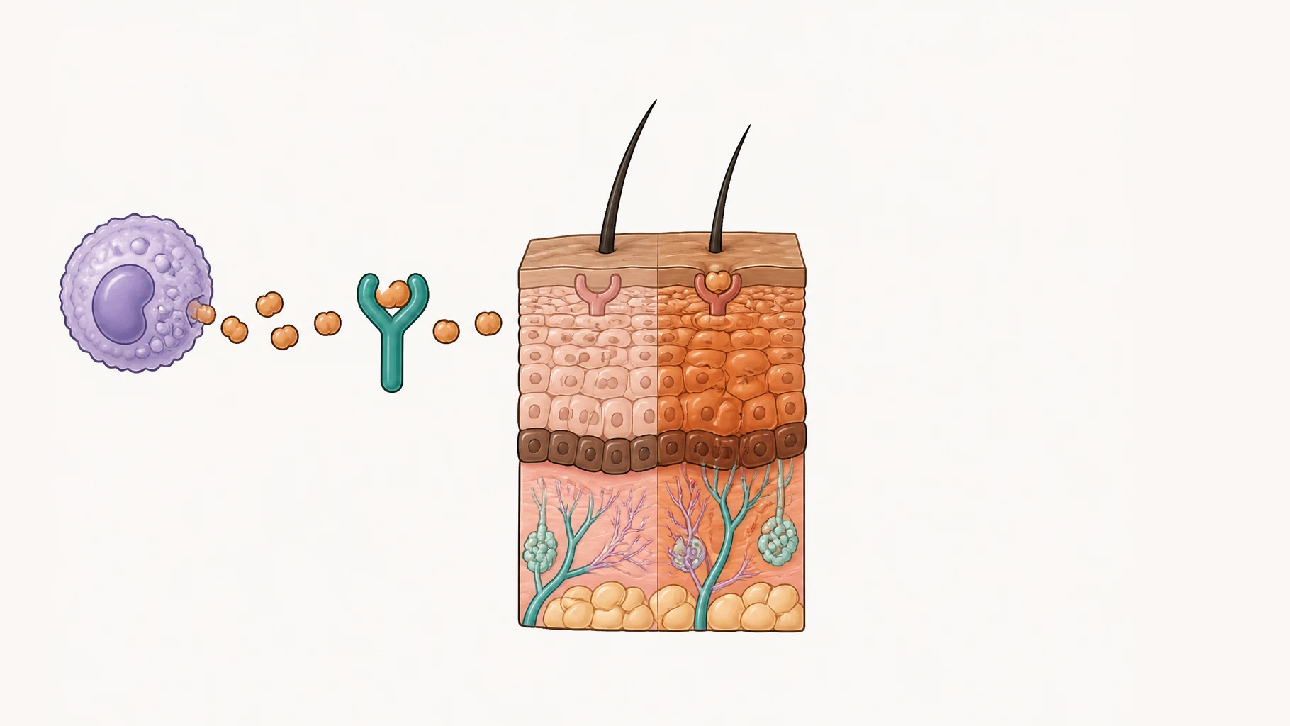 An immune cell at the left releases small rounded signalling molecules that travel rightward. A Y-shaped antibody in their path has caught one in its fork. Beyond it stands a block of skin split down the middle: the left half has an empty receptor at its surface and its cells are calm and pale, while the right half has a signalling molecule seated in its receptor and its cells are swollen and inflamed.