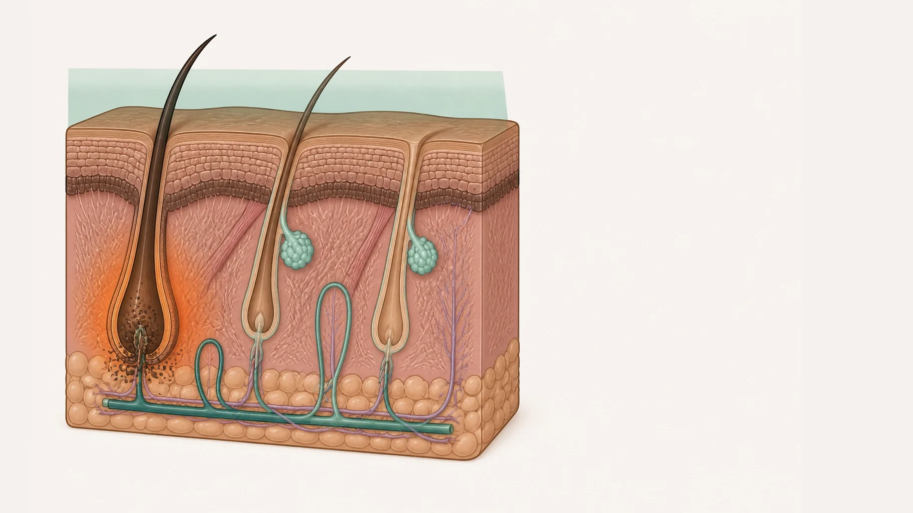 Three follicles in one block of skin, with a wide band of laser light falling equally across all of them. The first is deep and actively growing, its shaft and bulb densely pigmented; it has absorbed the light and heat is spreading through the collapsing bulb. The second is a pale resting follicle and the third is empty, and both are untouched.