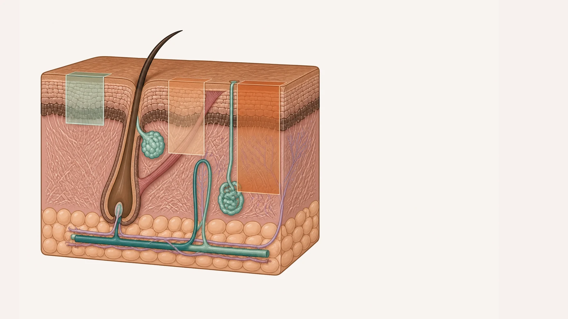 One block of skin showing the epidermis, dermis and fat in section, with three treated zones side by side reaching different depths. The first stops within the epidermis. The second passes through it into the upper dermis. The third reaches well down into the middle of the dermis. Each zone has a distinct flat floor showing where it stops.