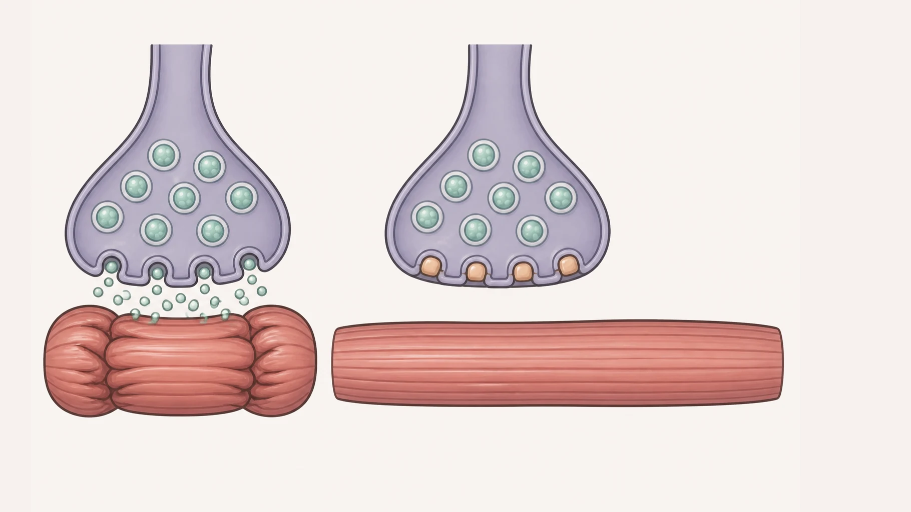 Two panels showing where a nerve ending meets a muscle fibre. On the left, untreated: the nerve ending is releasing packets of signal across the gap and the muscle fibre below is contracted, short and bunched. On the right, treated: the packets are held back and none cross the gap, and the muscle fibre below is relaxed, long and smooth.