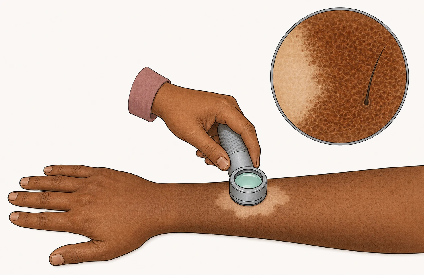A patient's hand and forearm lying relaxed, with a dermatologist's hand holding a handheld dermatoscope like a pen, its lens resting flat on a pale patch of skin partway along the forearm. A magnified circle above shows the view through the lens: brown skin with a fine honeycomb network of pigment on one side, and plain pale skin where that network has gone on the other.