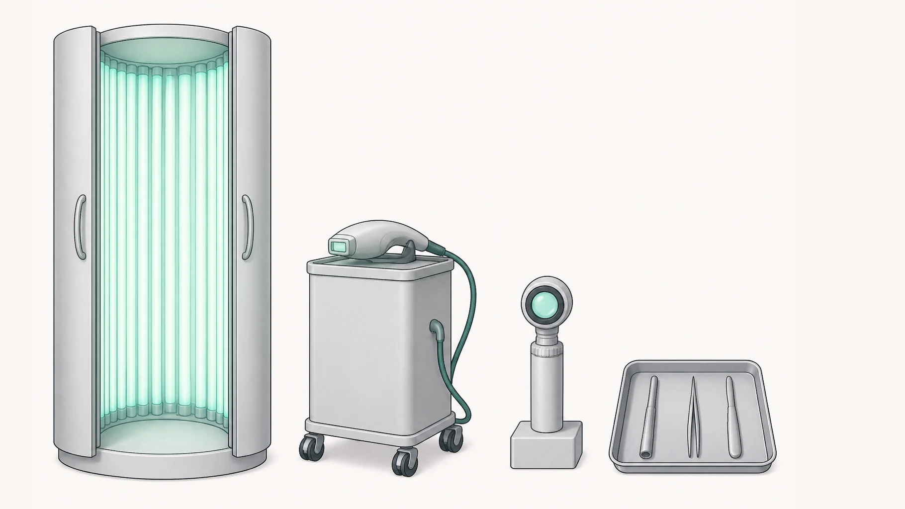 Four pieces of dermatology equipment drawn side by side to scale: a full-height upright phototherapy cabinet with its doors open and its tubes lit, a wheeled trolley carrying a handheld laser, a dermatoscope standing on a block, and a shallow tray of clean surgical instruments.