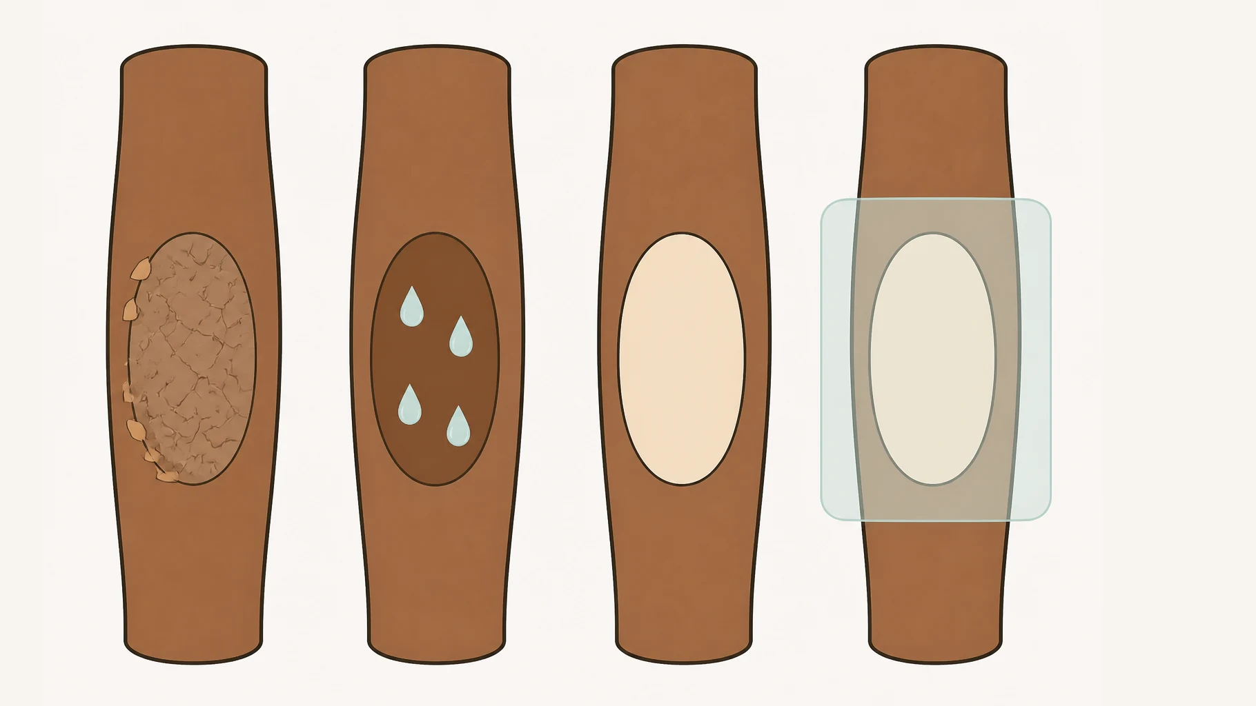 Four panels in a row showing the same patch of forearm at four stages of one sitting. First the skin is dull and broken by a network of cracks with dry flakes lifting at the edge. Then it is soaked, the cracks gone and the area darker and smoother, with droplets of water resting on it. Then an even layer of pale cream preparation covers the area. Finally a broad transparent sheet lies flat across the whole limb and well beyond the cream on every side, sealing it in, with the cream still visible through it.