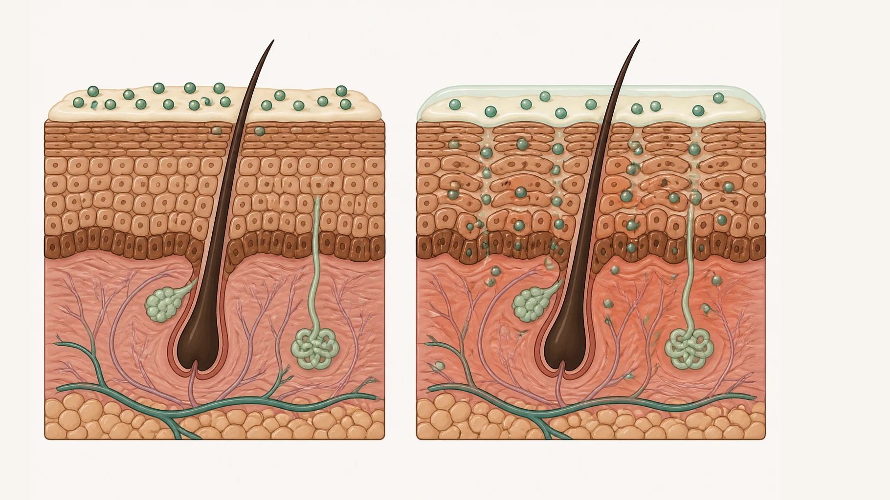 Two cross-sections of skin at the same scale, each with a layer of pale cream on top. On the left, untreated dry skin: the outermost cells are pressed tight into a dense band, and almost all the small particles of medicine remain stranded in the cream above it. On the right, skin that has been soaked and then covered with a transparent film: the same cells are swollen and rounded with open channels running between them, and a steady stream of particles travels down those channels into the living tissue below.