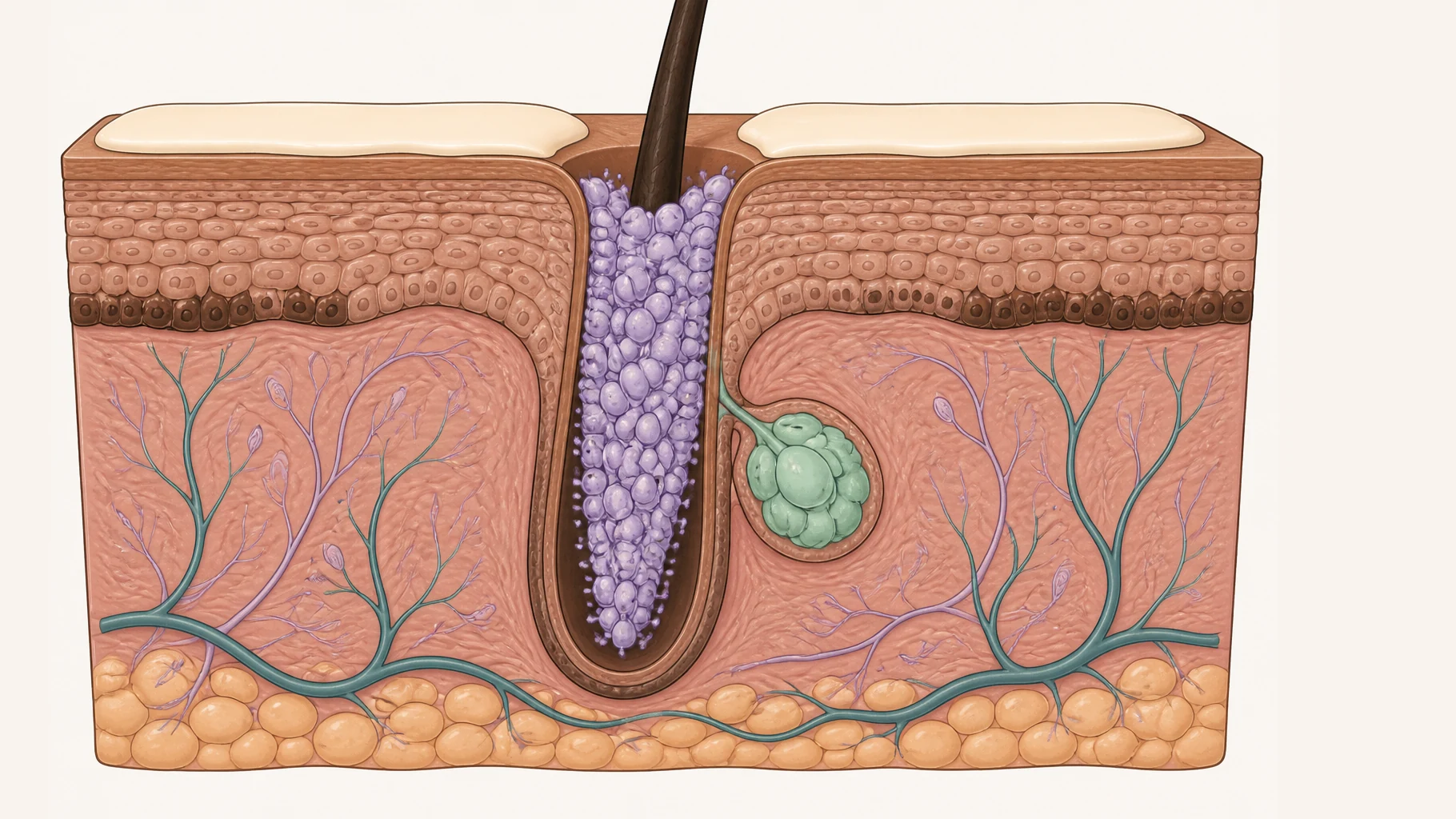 A cross-section through brown skin with one hair follicle running from the surface down into the deeper tissue. A colony of small oval yeast cells, many of them budding, fills the follicle opening completely and continues well down its shaft, alongside the oil gland attached to its side. A separate layer of pale cream lies flat on the skin surface either side of the follicle and does not descend into it. At the base of the epidermis the row of pigment-making cells is sparse and pale directly above the colony, and richly dark further away from it.