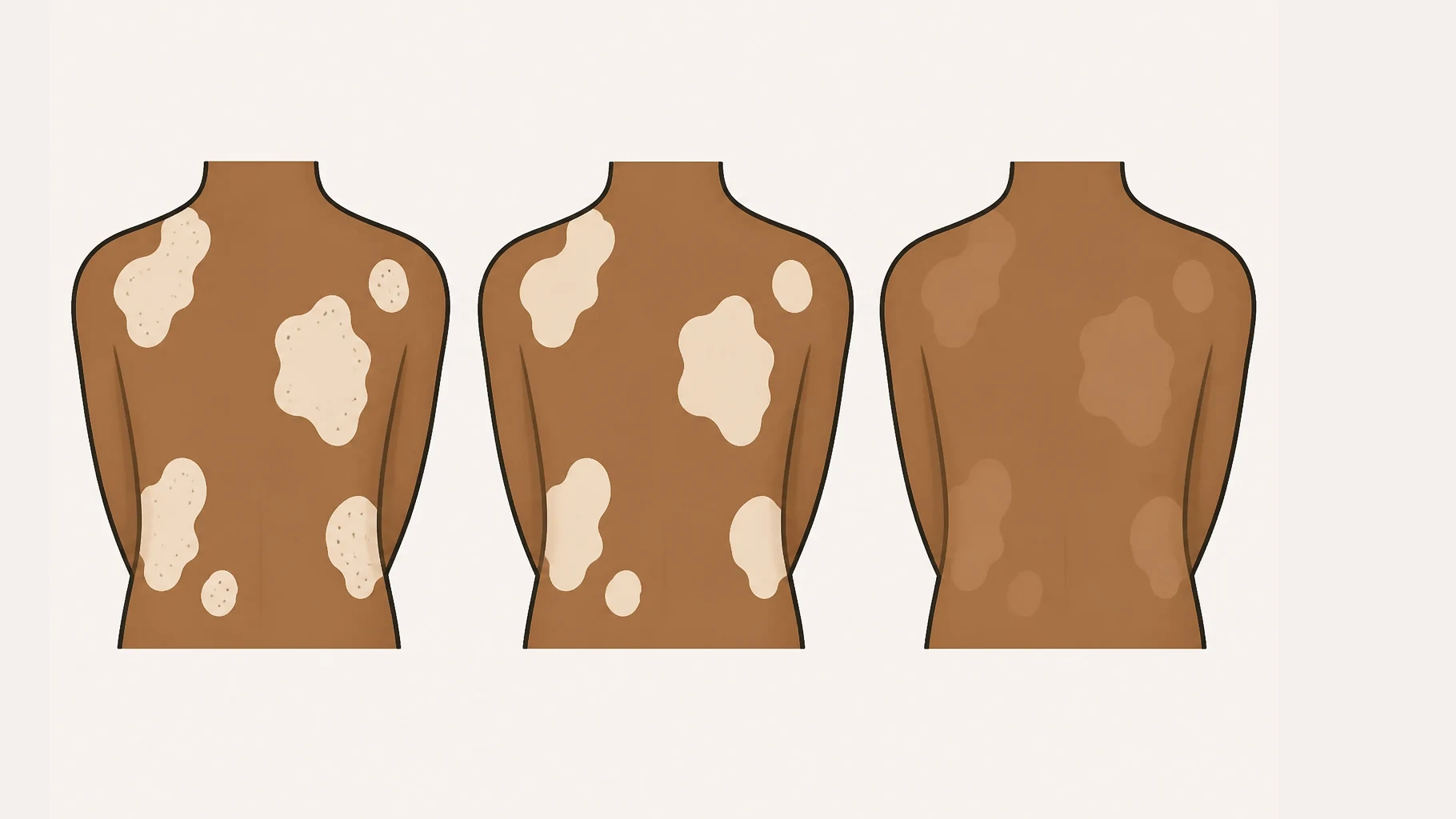 Three panels in a row showing the same upper back at three points in one recovery. First, pale oval patches scattered across the back, several run together, each carrying a fine dry scale. Then the same patches in the same places and just as pale, but completely smooth with the scale gone and their edges softening. Finally the same area with the patches barely discernible, only a shade lighter than the skin around them and with no defined edge.