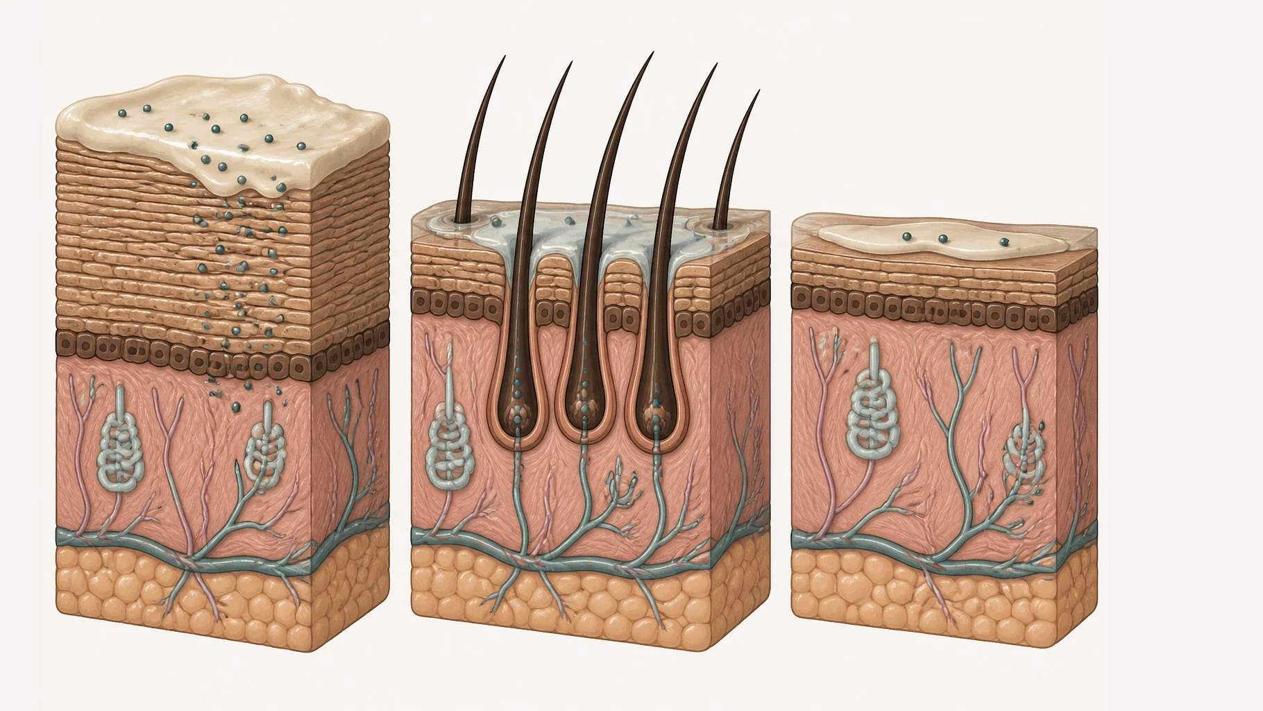 Three cross-sections of skin side by side, each carrying the same medicine particles in a different preparation. On the left, thick hardened skin: the outer layer is a deep compacted band and a heavy greasy ointment sits on top of it, with particles working down through the band. In the middle, scalp: thick hairs stand up from their follicles and a thin watery lotion runs down between them to reach the skin and enter the follicle openings. On the right, the thin skin of a body fold: the outer layer and the epidermis are a fraction as deep, and only a light layer of cream lies on top, holding far fewer particles.