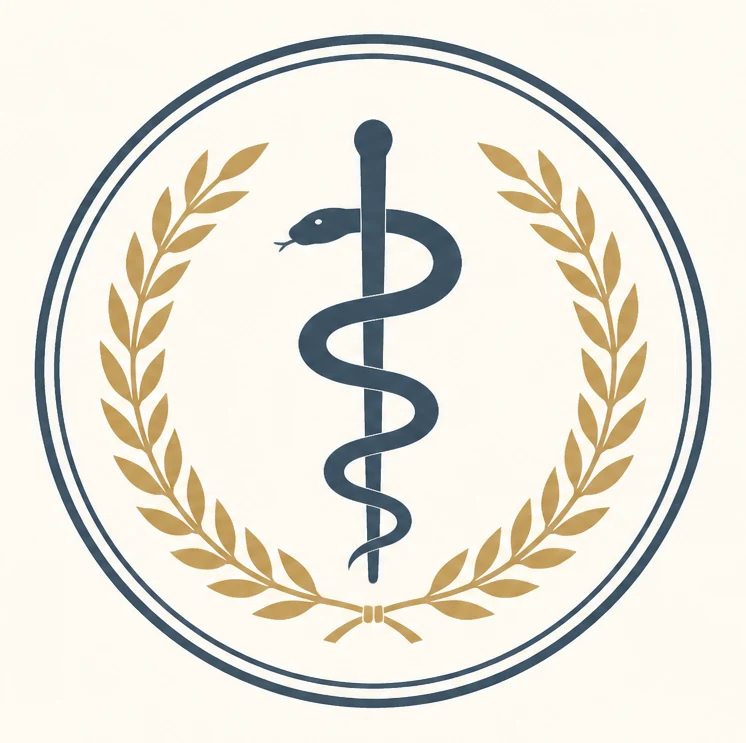Indicative emblem: a staff and serpent within a laurel wreath