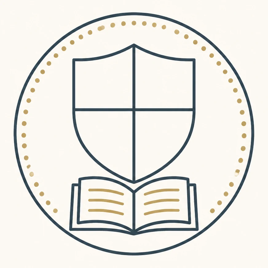 Indicative emblem: a plain shield above an open book